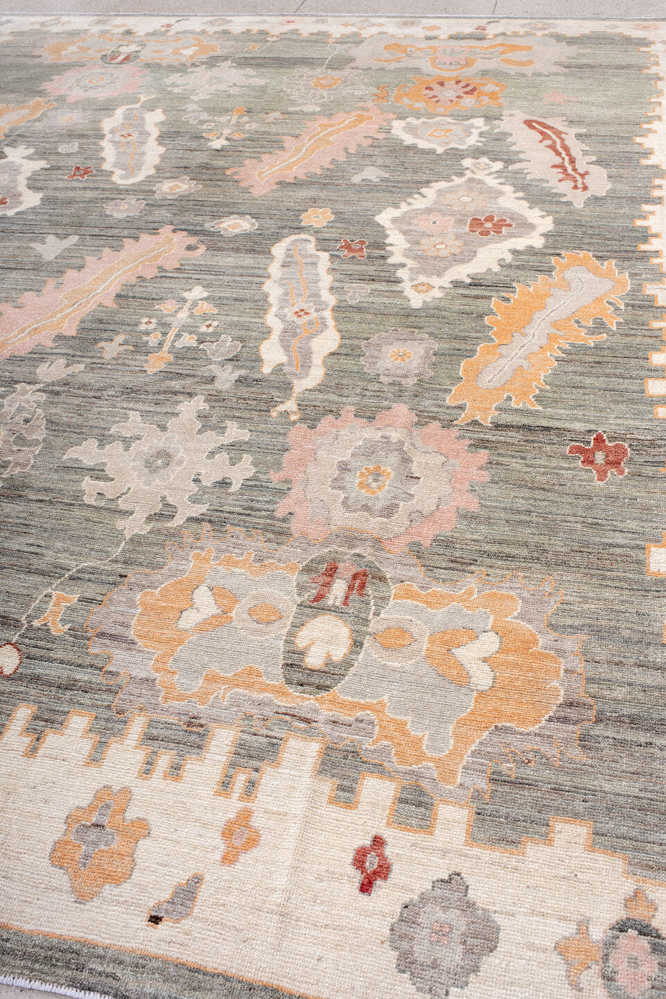 10' x 14' one-of-a-kind handmade vintage Oushak large size rug. Color palette: gray, ivory, peach, blush, taupe, rust, gold