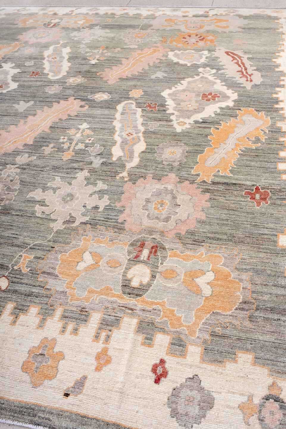 10' x 14' one-of-a-kind handmade vintage Oushak large size rug. Color palette: gray, ivory, peach, blush, taupe, rust, gold
