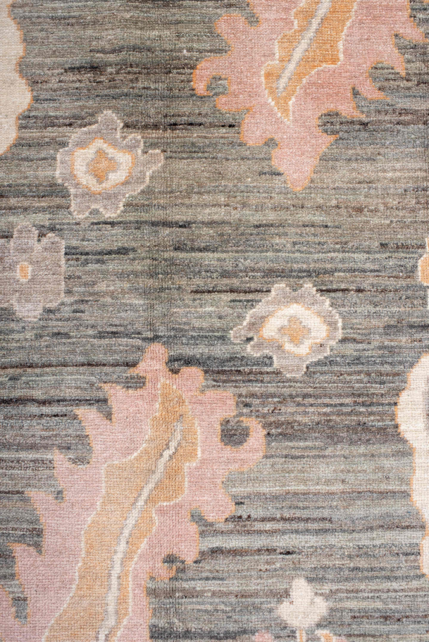 10' x 14' one-of-a-kind handmade vintage Oushak large size rug. Color palette: gray, ivory, peach, blush, taupe, rust, gold