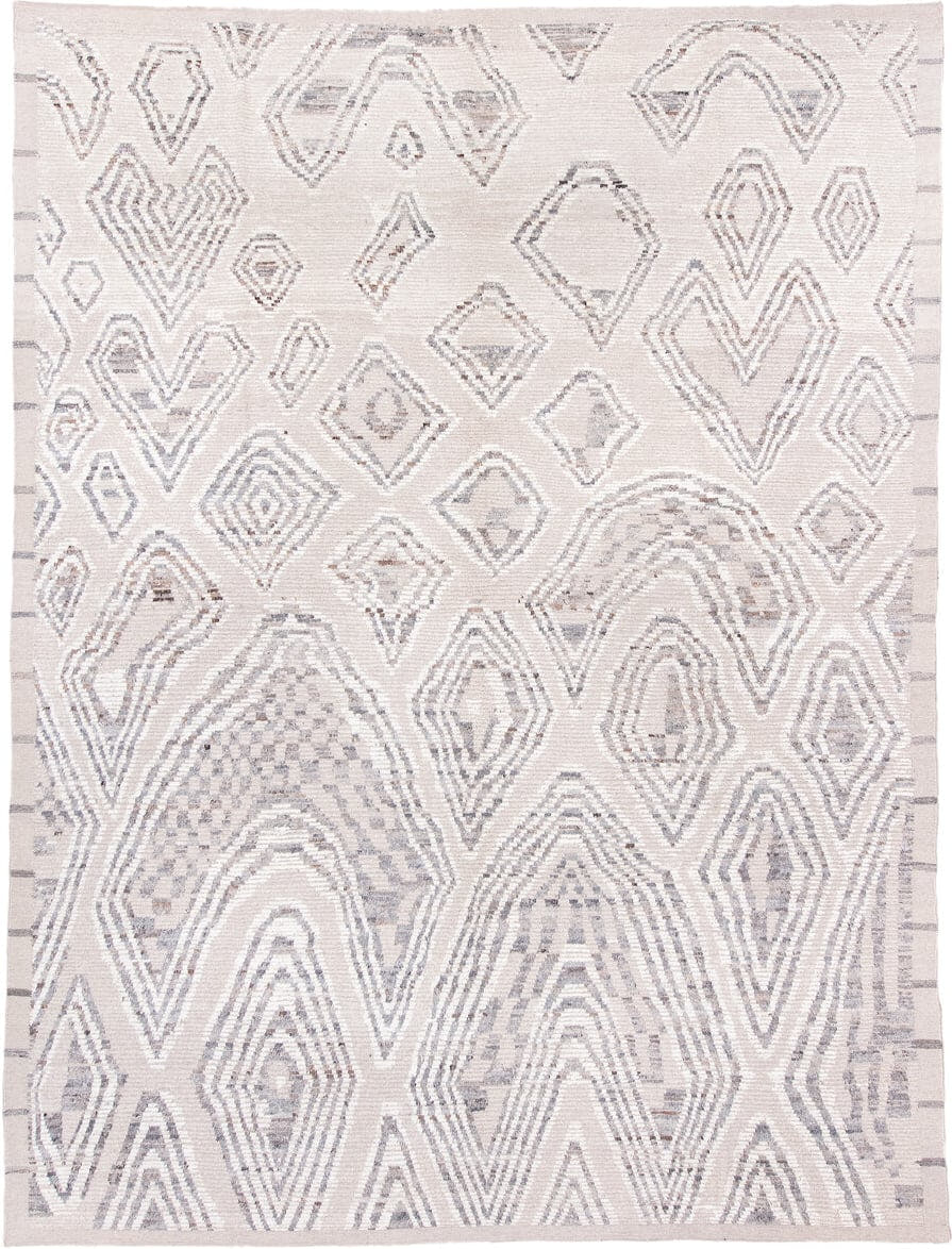 10' x 14' one-of-a-kind handmade vintage Tulu large size rug. Color palette: ivory, light gray, taupe, greige, beige, gray