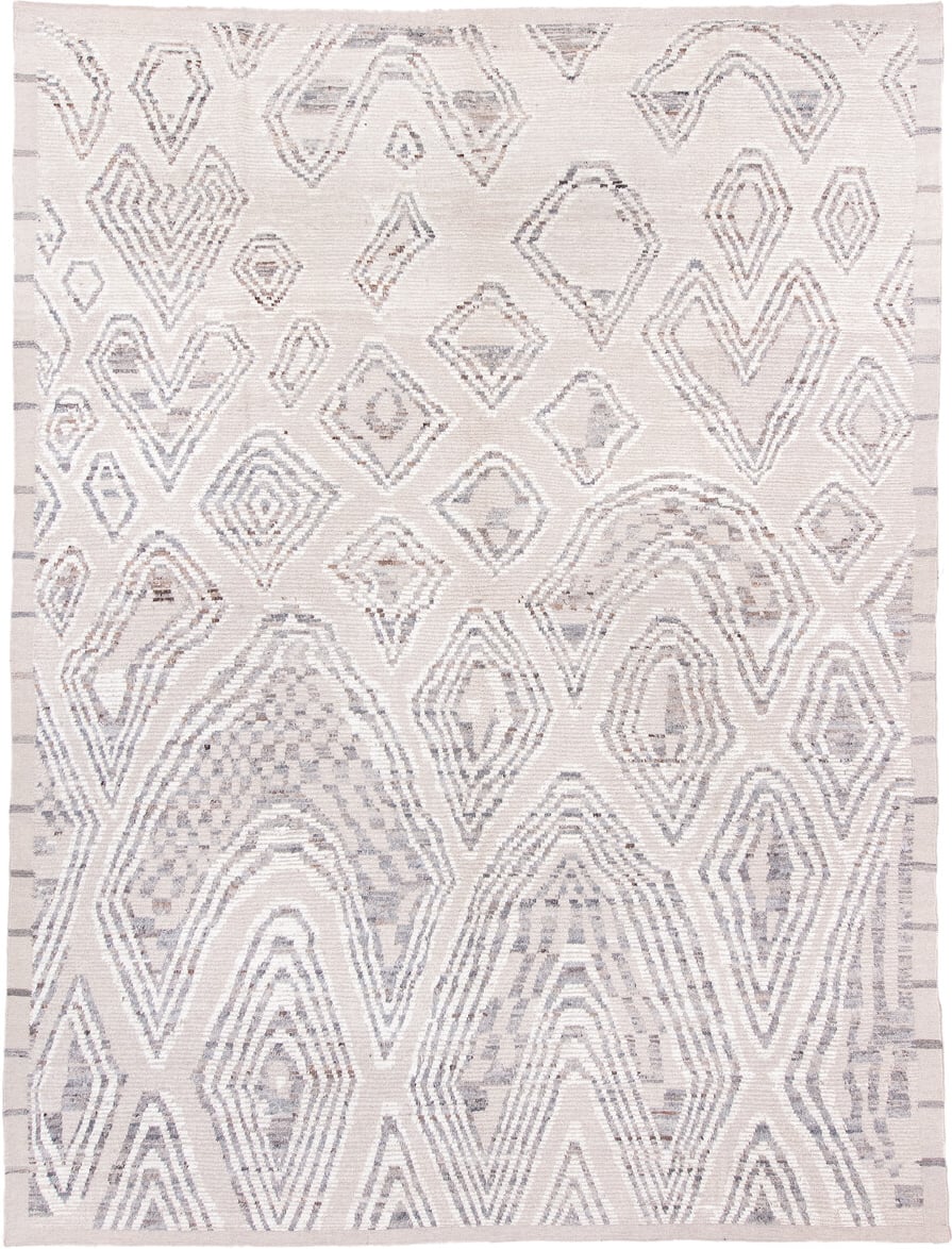 10' x 14' one-of-a-kind handmade vintage Tulu large size rug. Color palette: ivory, light gray, taupe, greige, beige, gray