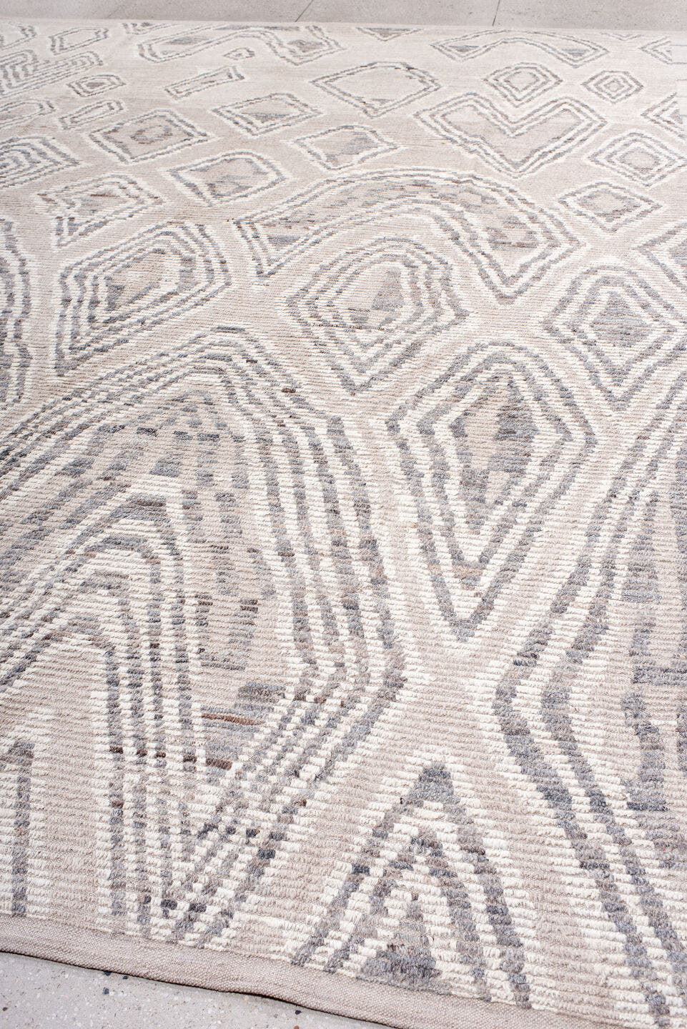 10' x 14' one-of-a-kind handmade vintage Tulu large size rug. Color palette: ivory, light gray, taupe, greige, beige, gray