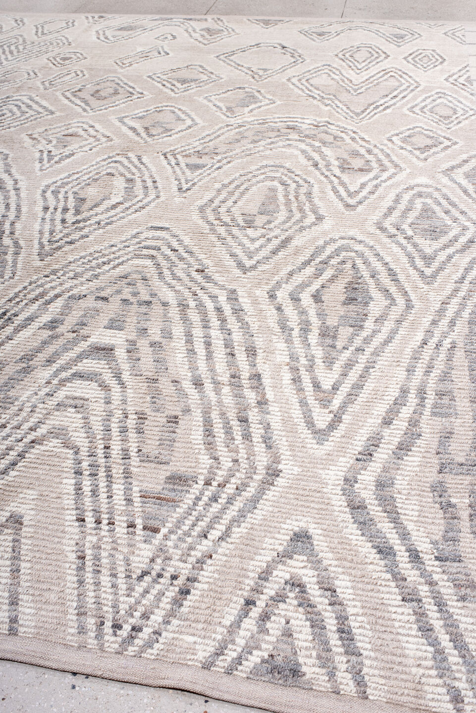10' x 14' one-of-a-kind handmade vintage Tulu large size rug. Color palette: ivory, light gray, taupe, greige, beige, gray
