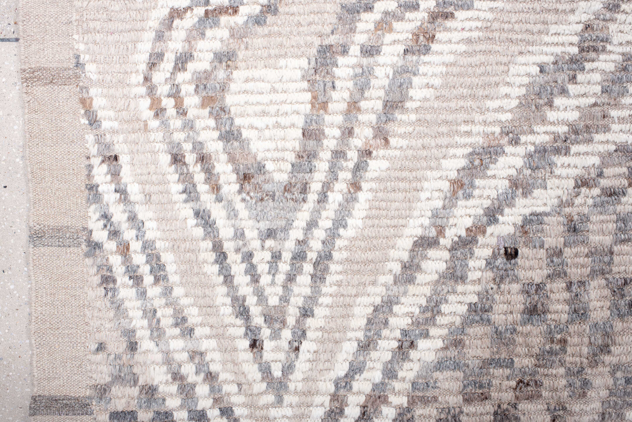 10' x 14' one-of-a-kind handmade vintage Tulu large size rug. Color palette: ivory, light gray, taupe, greige, beige, gray