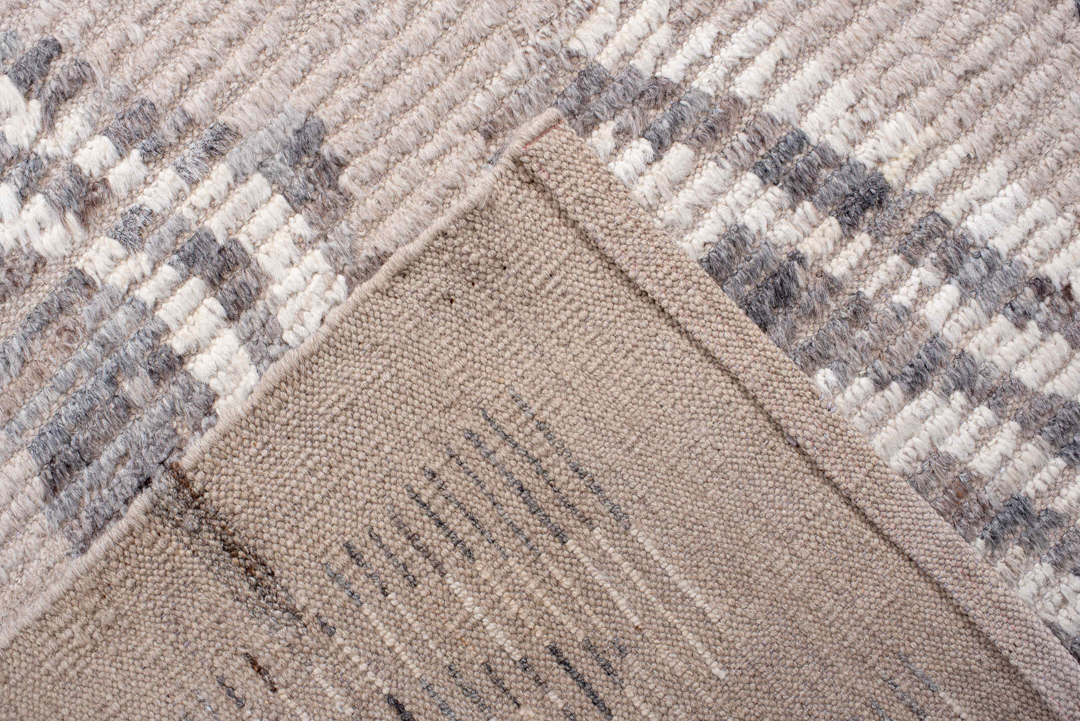 10' x 14' one-of-a-kind handmade vintage Tulu large size rug. Color palette: ivory, light gray, taupe, greige, beige, gray