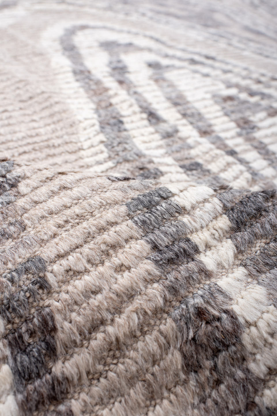 10' x 14' one-of-a-kind handmade vintage Tulu large size rug. Color palette: ivory, light gray, taupe, greige, beige, gray