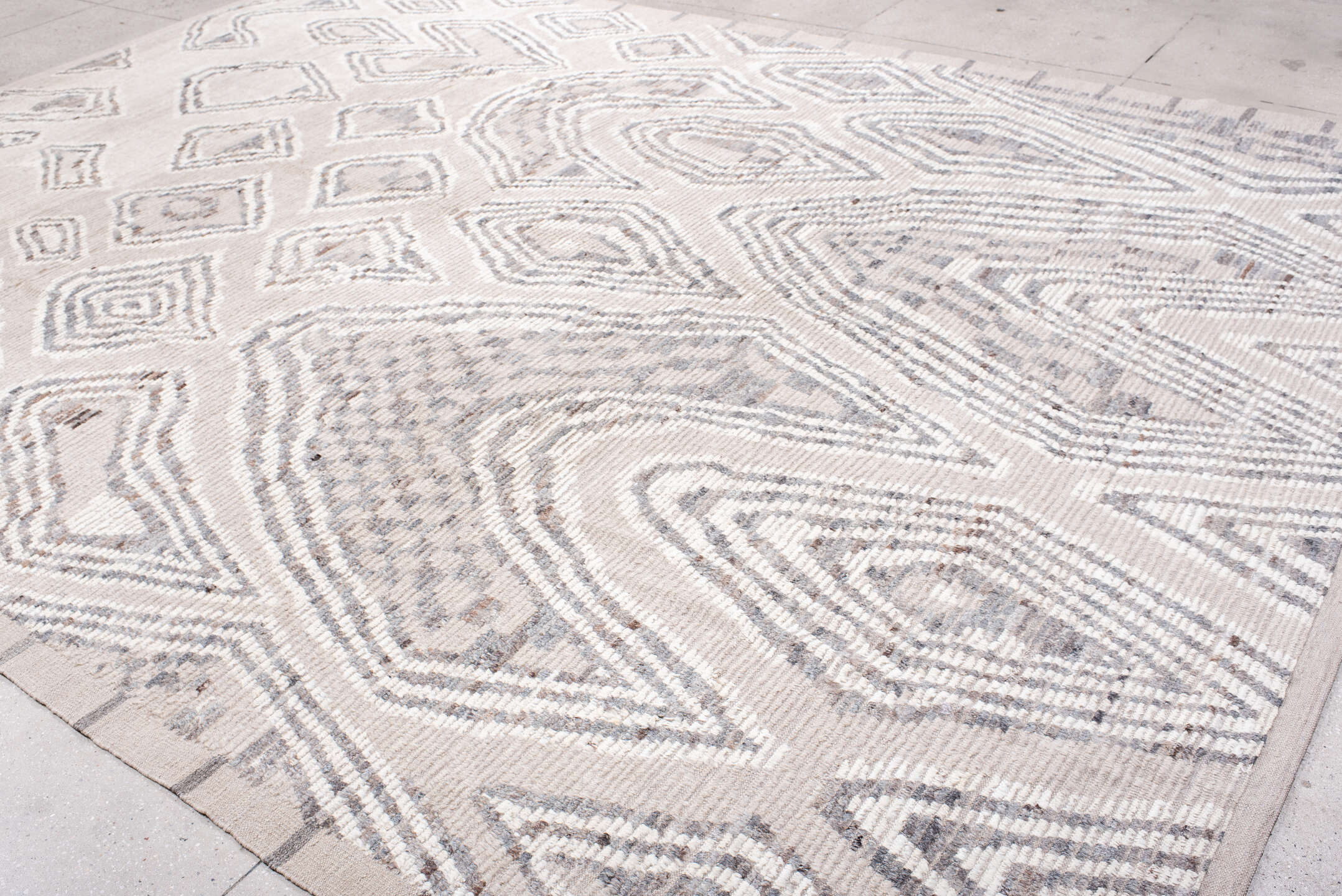 10' x 14' one-of-a-kind handmade vintage Tulu large size rug. Color palette: ivory, light gray, taupe, greige, beige, gray
