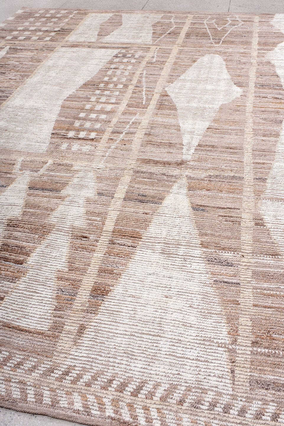 9' x 13' one-of-a-kind handmade vintage Tulu large size rug. Color palette: ivory, taupe, camel, beige, brown, gray