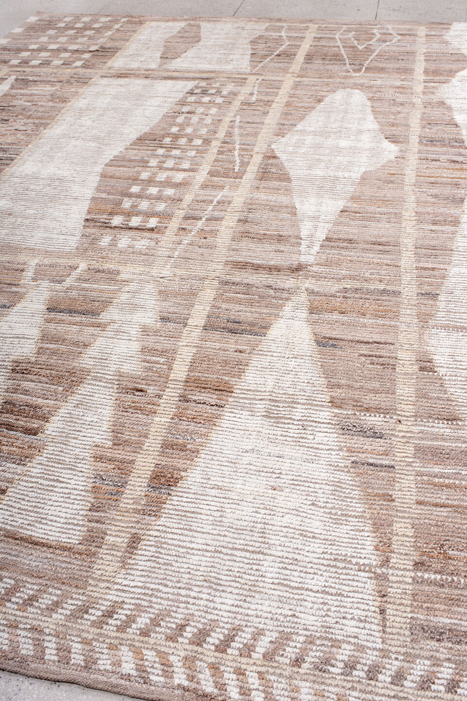 9' x 13' one-of-a-kind handmade vintage Tulu large size rug. Color palette: ivory, taupe, camel, beige, brown, gray