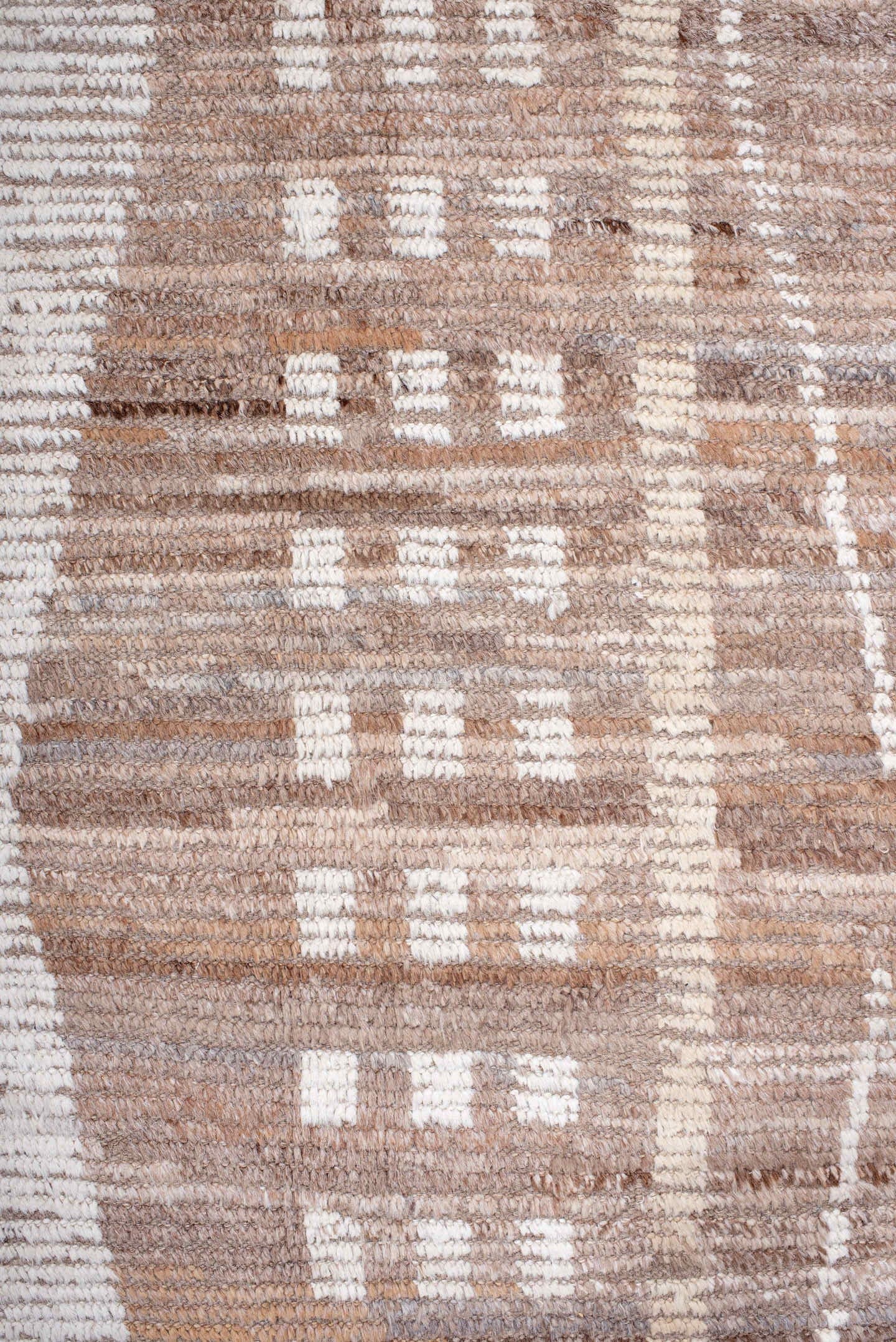 9' x 13' one-of-a-kind handmade vintage Tulu large size rug. Color palette: ivory, taupe, camel, beige, brown, gray