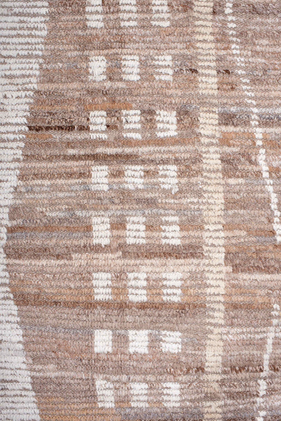 9' x 13' one-of-a-kind handmade vintage Tulu large size rug. Color palette: ivory, taupe, camel, beige, brown, gray