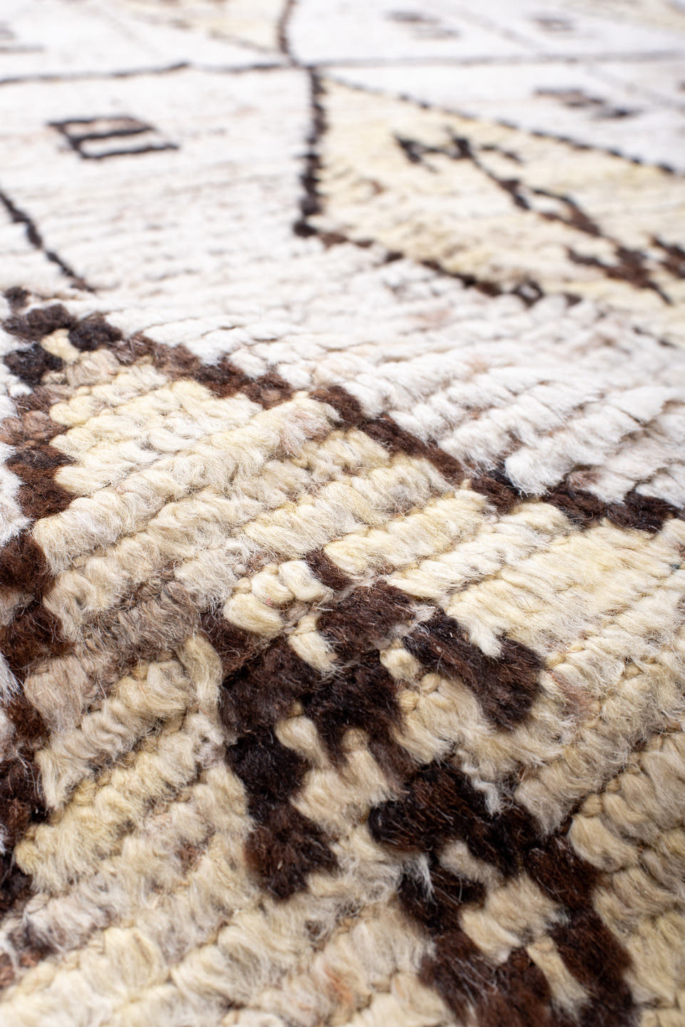 9' x 11' one-of-a-kind handmade vintage Tulu large size rug. Color palette: cream, ivory, taupe, brown, camel, beige, gray
