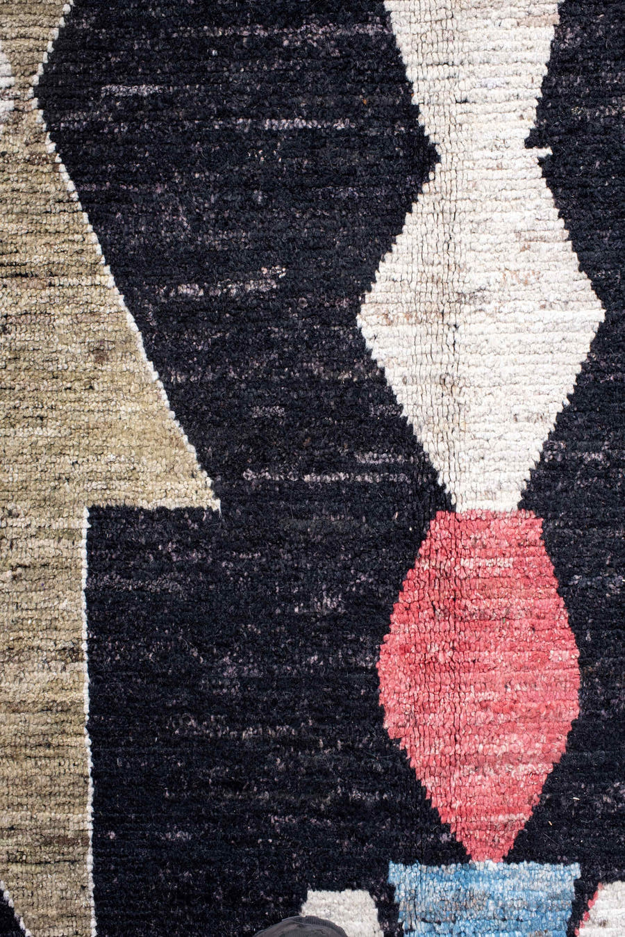 10' x 13' one-of-a-kind handmade vintage Tulu large size rug. Color palette: charcoal, ivory, camel, sky_blue, crimson, sage