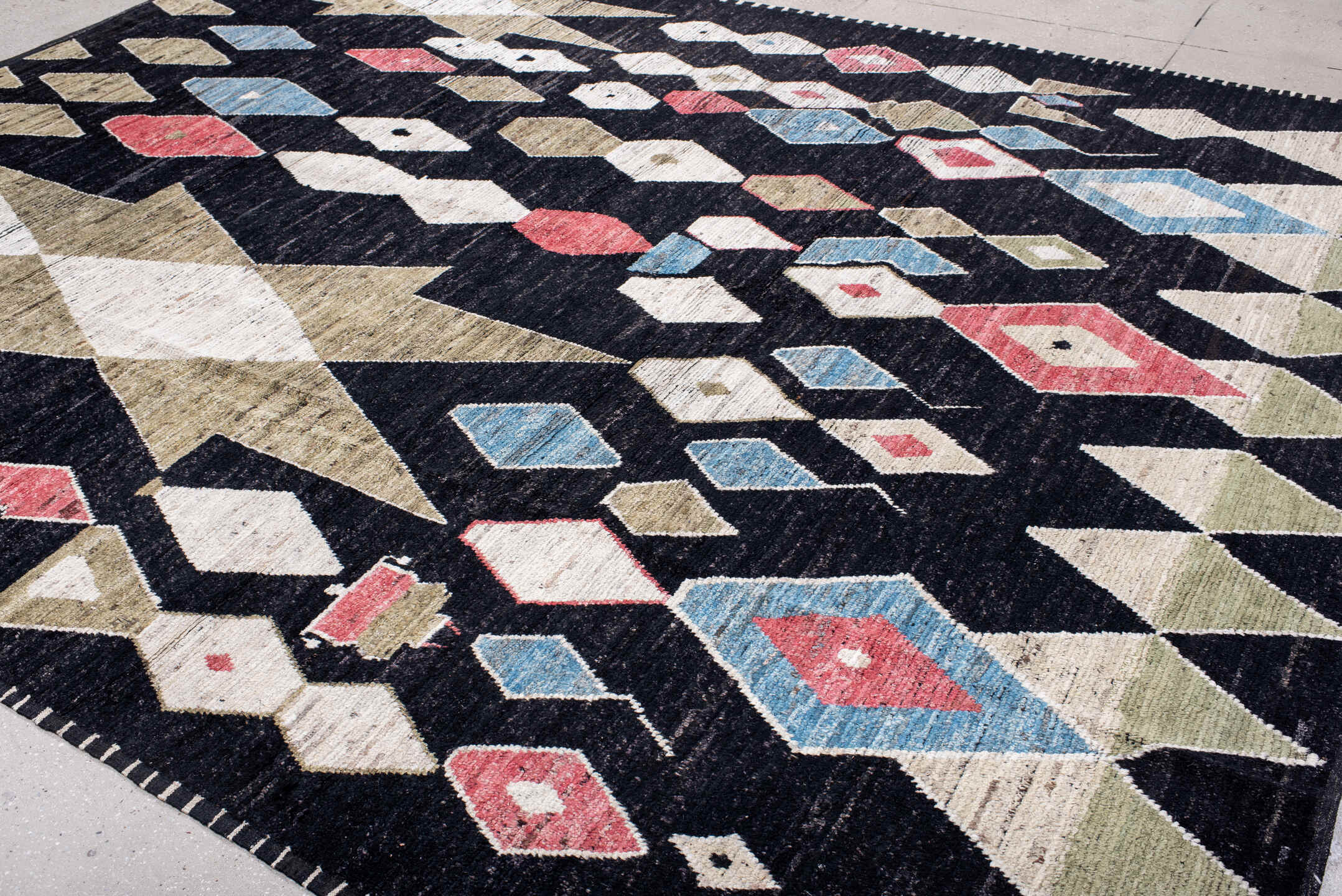 10' x 13' one-of-a-kind handmade vintage Tulu large size rug. Color palette: charcoal, ivory, camel, sky_blue, crimson, sage