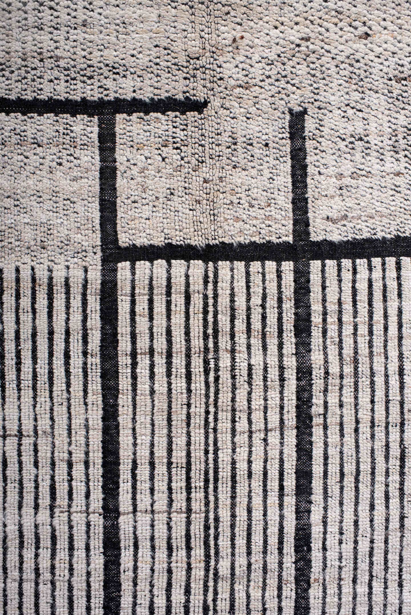 10' x 13' one-of-a-kind handmade vintage Tulu large size rug. Color palette: ivory, charcoal, taupe, gray, black, beige