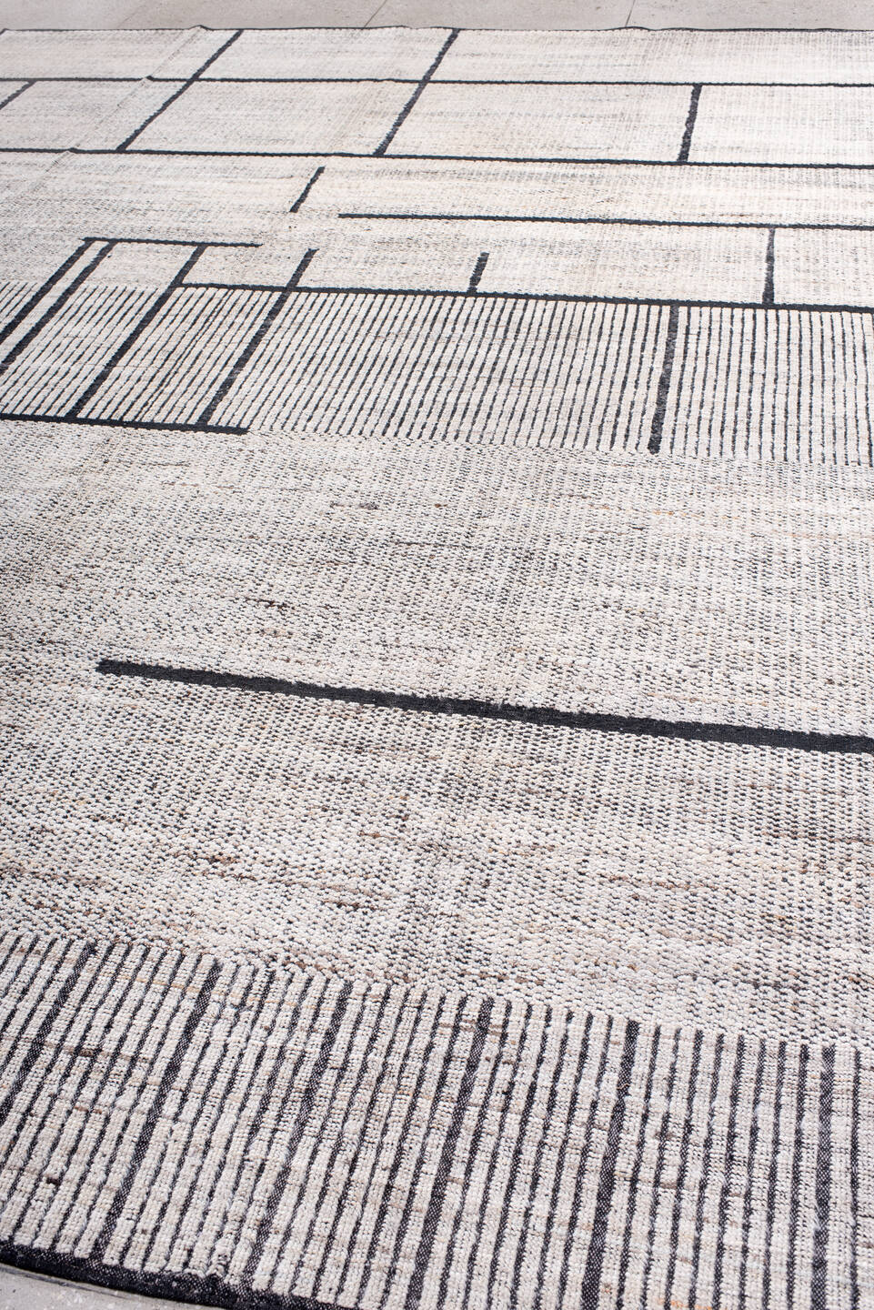 10' x 13' one-of-a-kind handmade vintage Tulu large size rug. Color palette: ivory, charcoal, taupe, gray, black, beige