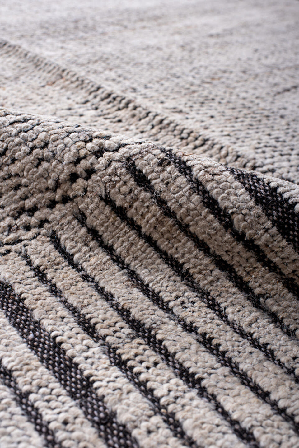 10' x 13' one-of-a-kind handmade vintage Tulu large size rug. Color palette: ivory, charcoal, taupe, gray, black, beige