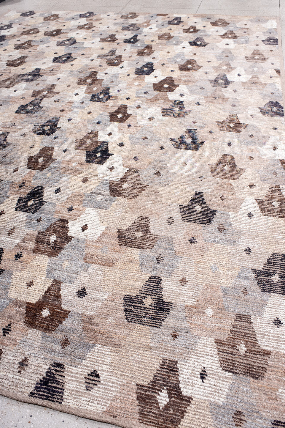 11' x 15' one-of-a-kind handmade vintage Tulu oversize rug. Color palette: ivory, taupe, gray, brown, charcoal, beige, black