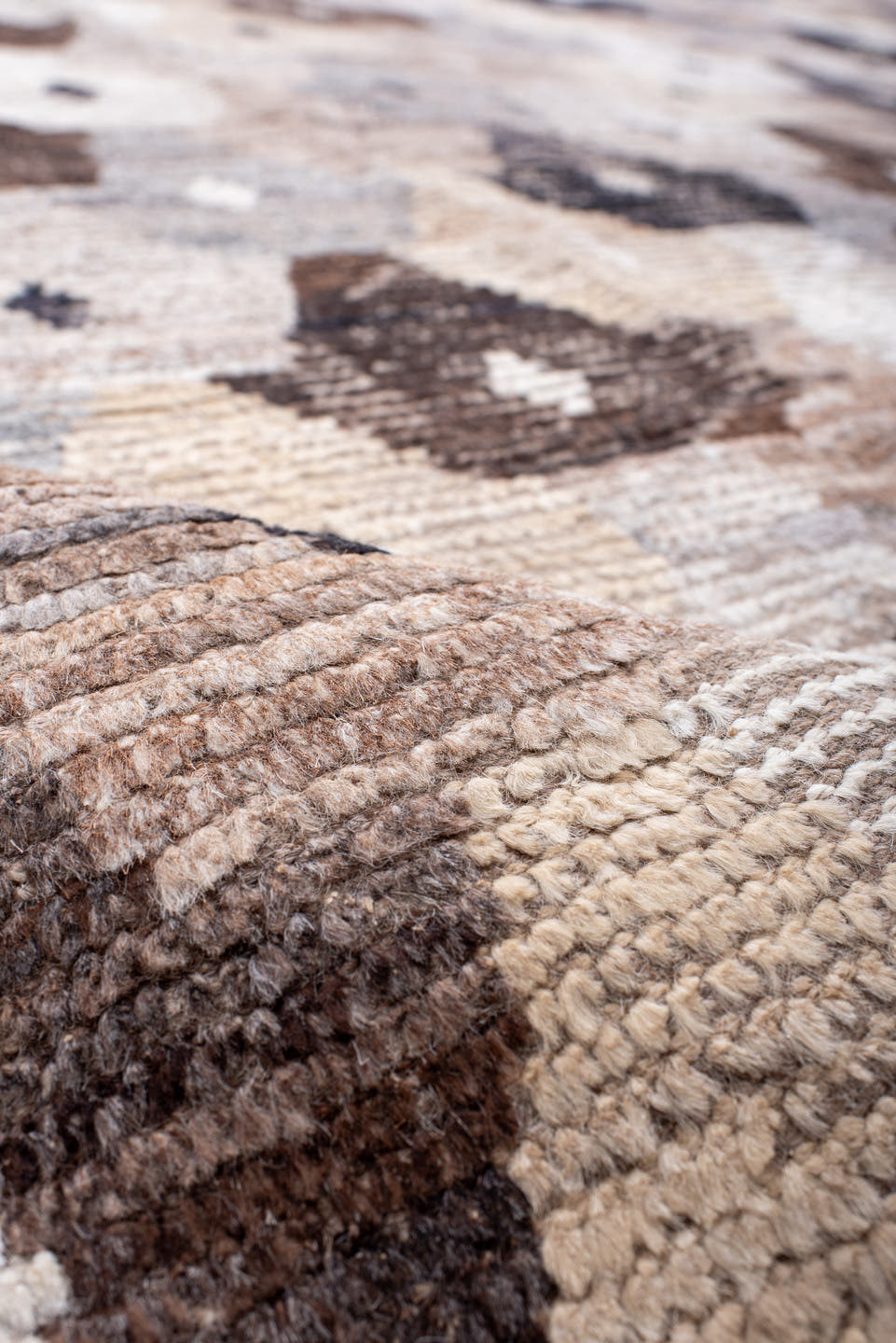 11' x 15' one-of-a-kind handmade vintage Tulu oversize rug. Color palette: ivory, taupe, gray, brown, charcoal, beige, black