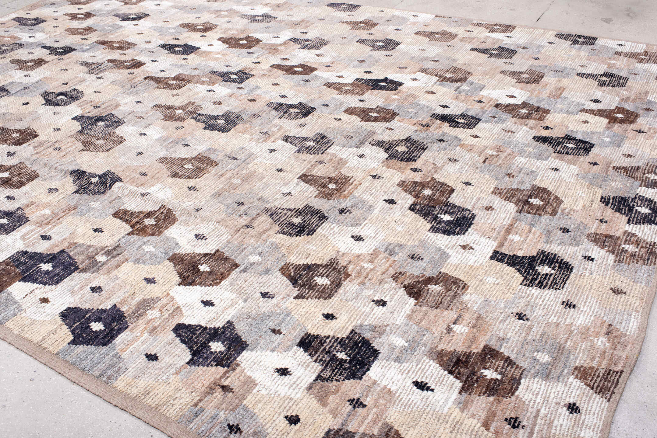 11' x 15' one-of-a-kind handmade vintage Tulu oversize rug. Color palette: ivory, taupe, gray, brown, charcoal, beige, black