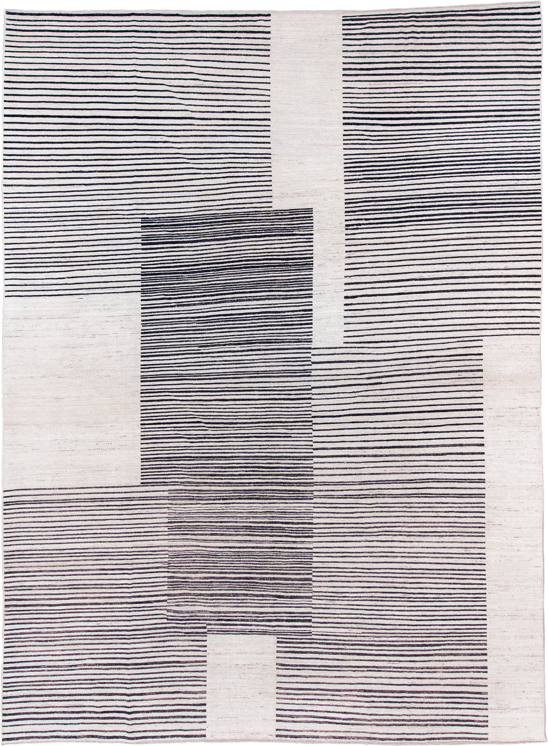 10' x 13' one-of-a-kind handmade vintage Tulu large size rug. Color palette: ivory, charcoal, gray, black