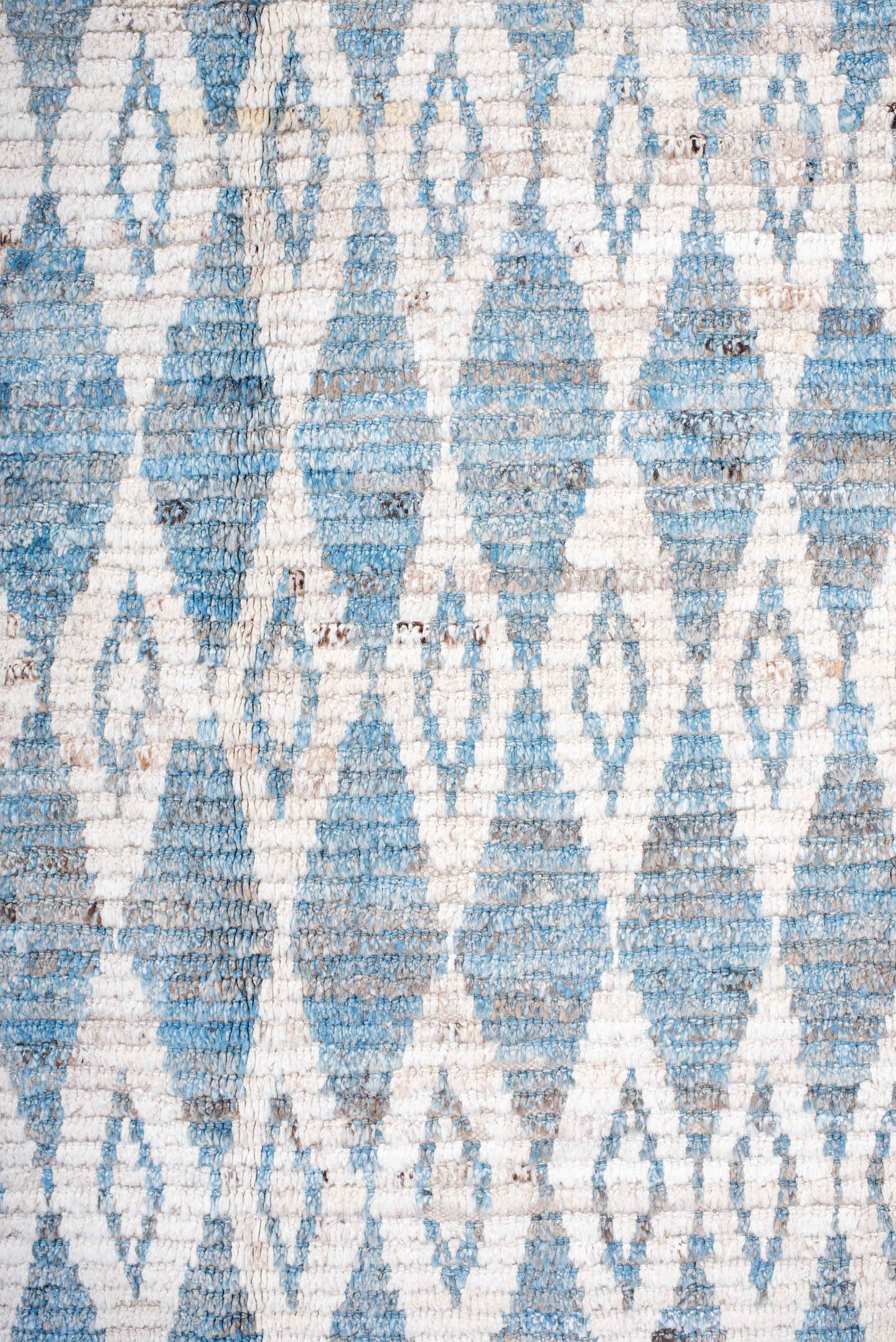 10' x 13' one-of-a-kind handmade vintage Tulu large size rug. Color palette: ivory, sky blue, pale blue, taupe, light blue