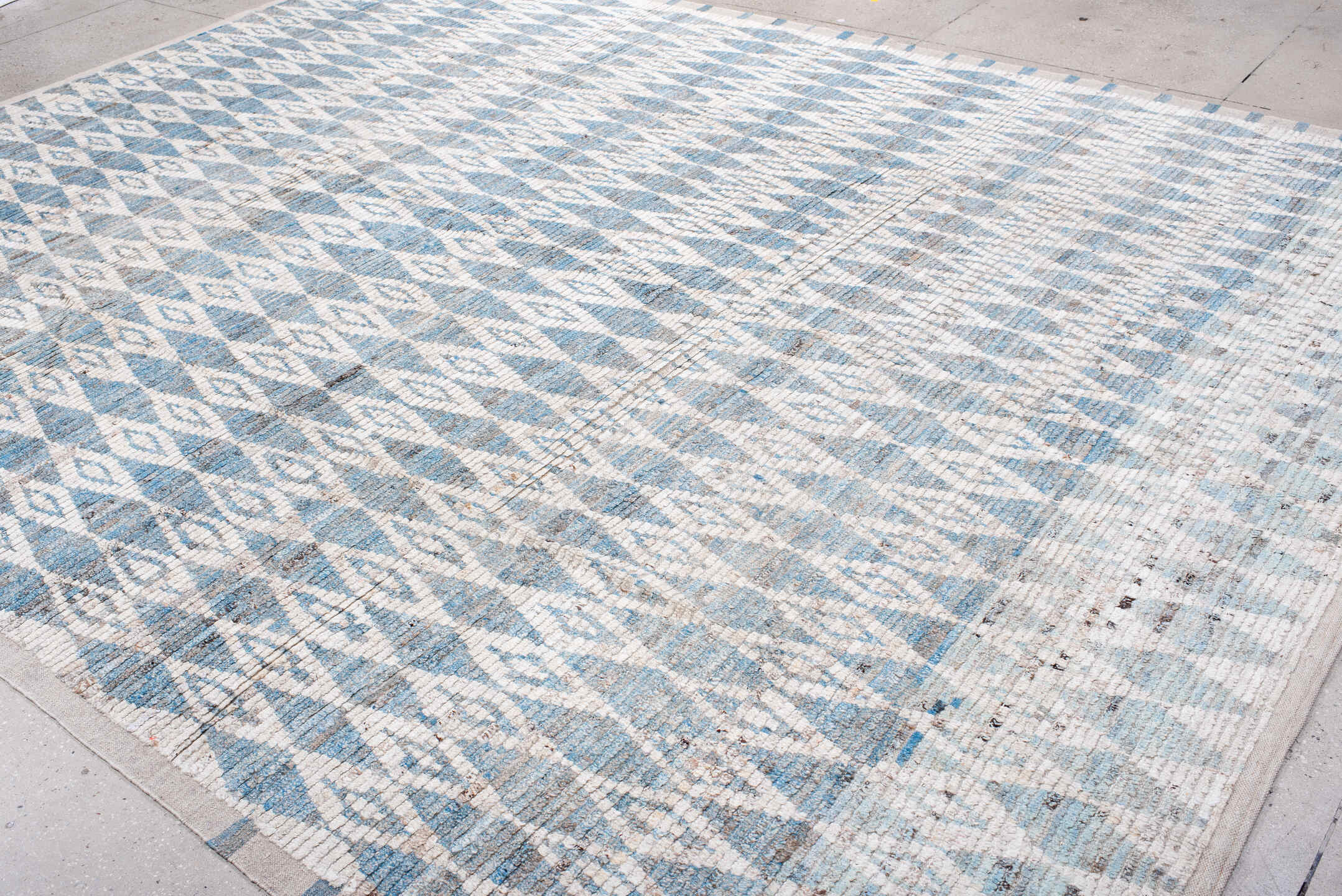 10' x 13' one-of-a-kind handmade vintage Tulu large size rug. Color palette: ivory, sky blue, pale blue, taupe, light blue