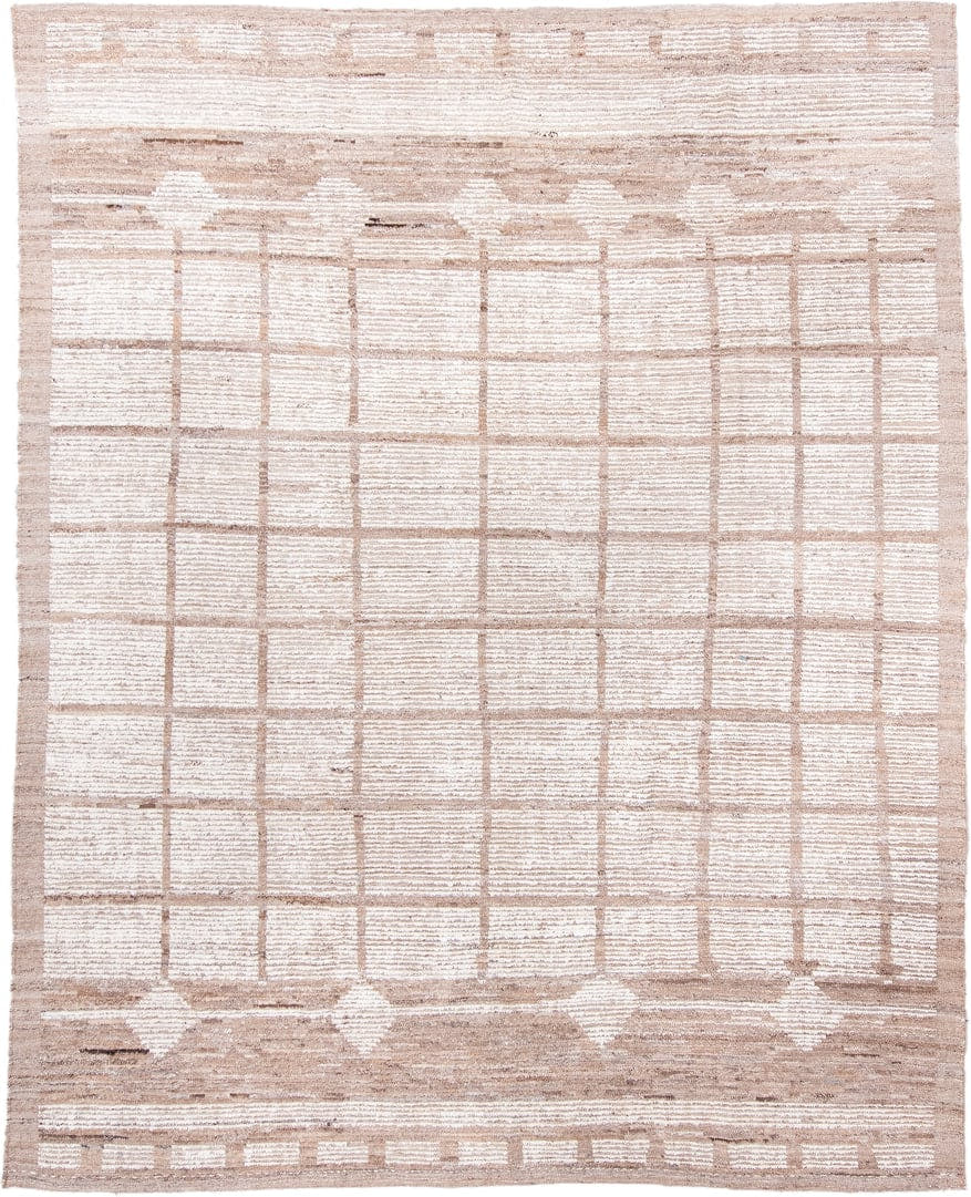 8' x 10' one-of-a-kind handmade vintage Tulu large size rug. Color palette: ivory, taupe, beige, camel, brown, gray