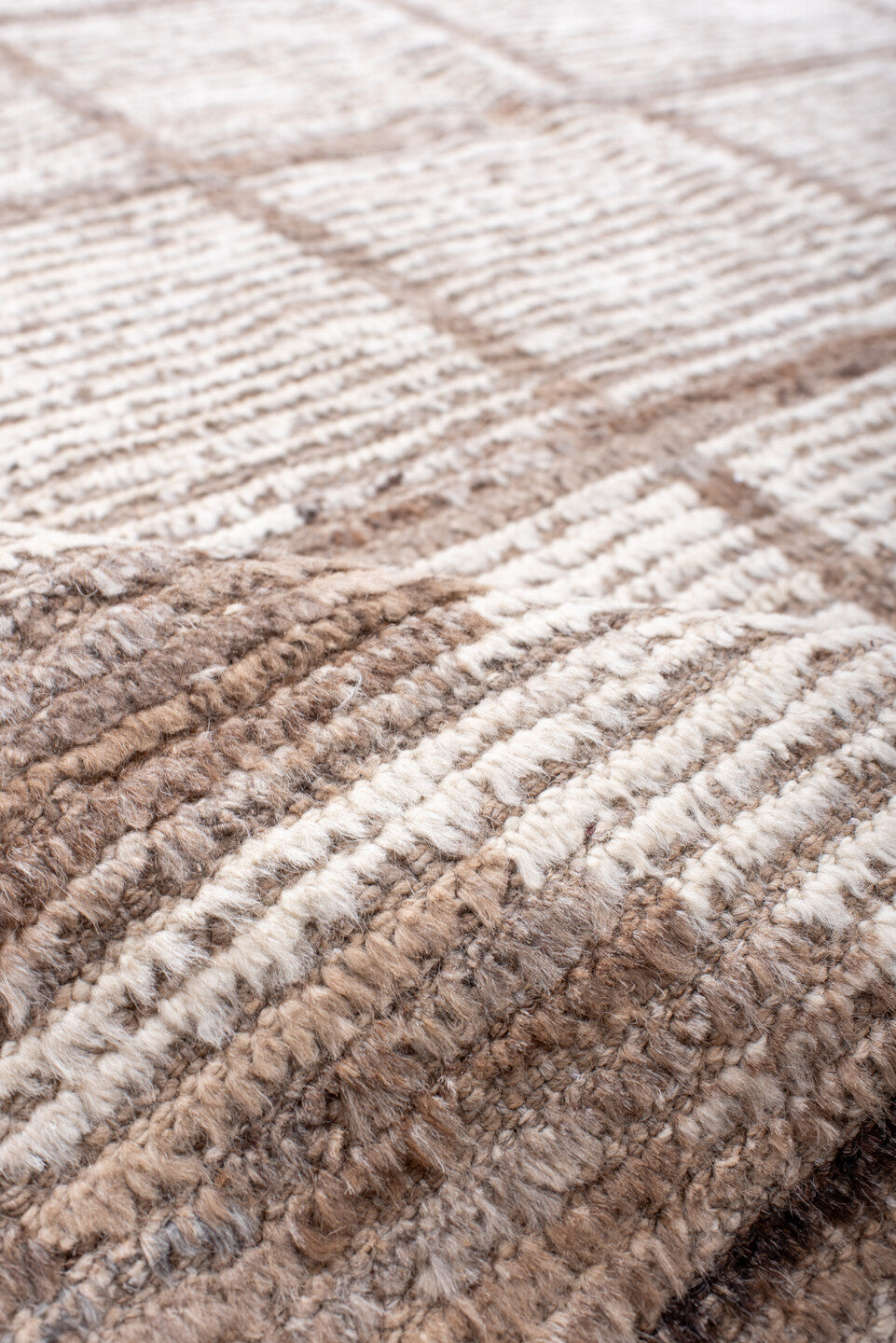 8' x 10' one-of-a-kind handmade vintage Tulu large size rug. Color palette: ivory, taupe, beige, camel, brown, gray