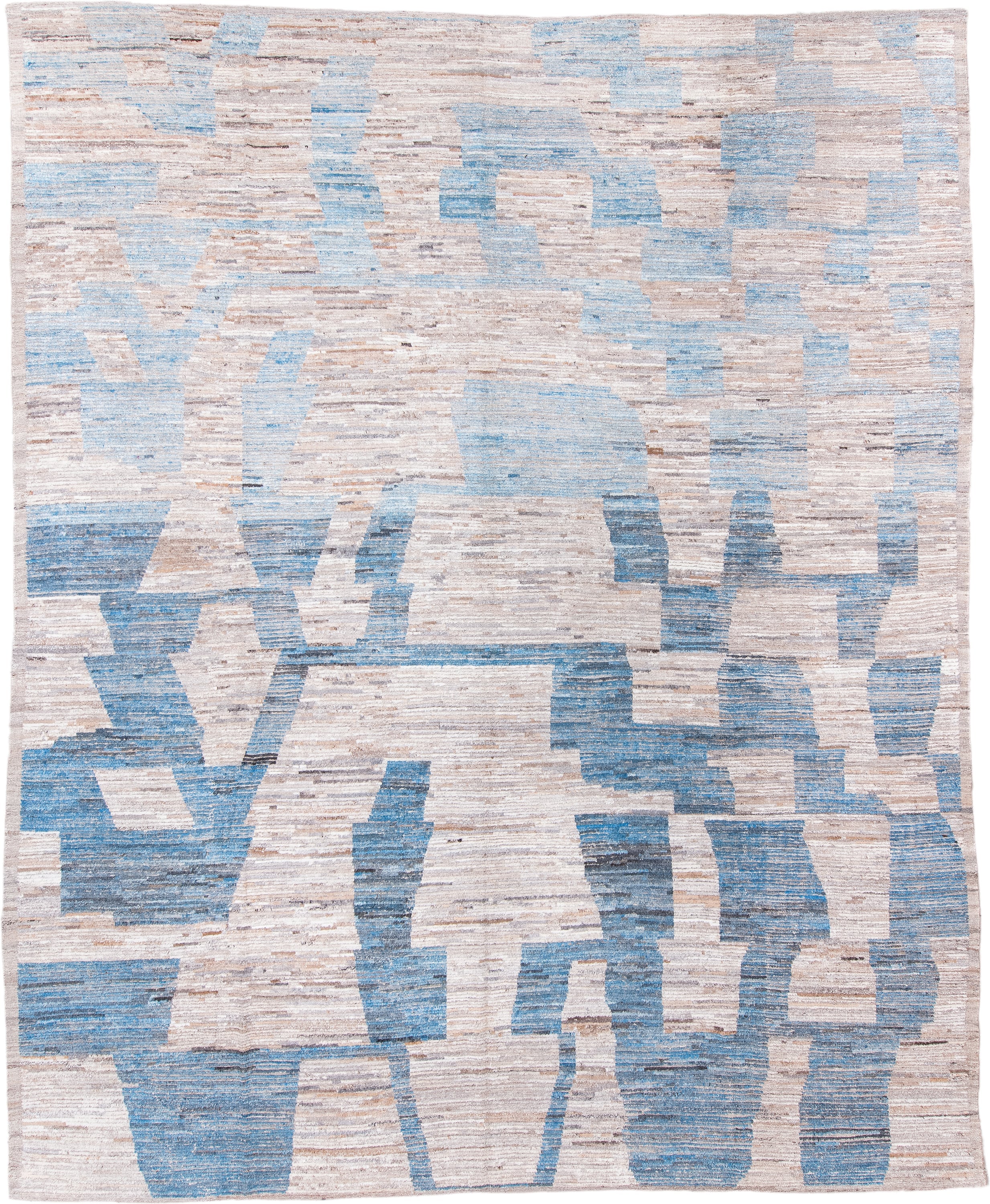 12' x 15' one-of-a-kind handmade vintage Tulu oversize rug. Color palette: beige, sky blue, ivory, taupe, slate, light blue