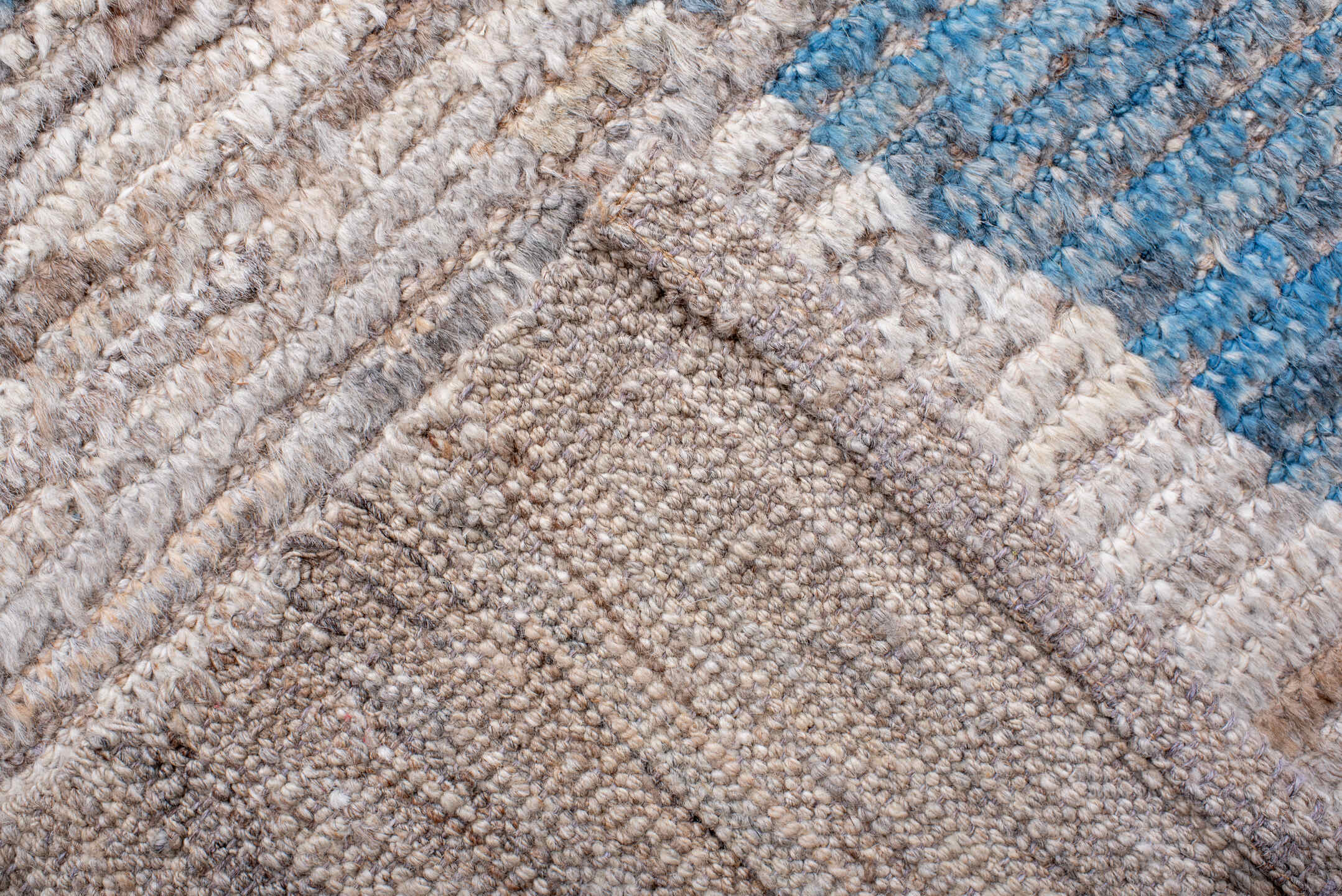 12' x 15' one-of-a-kind handmade vintage Tulu oversize rug. Color palette: beige, sky blue, ivory, taupe, slate, light blue