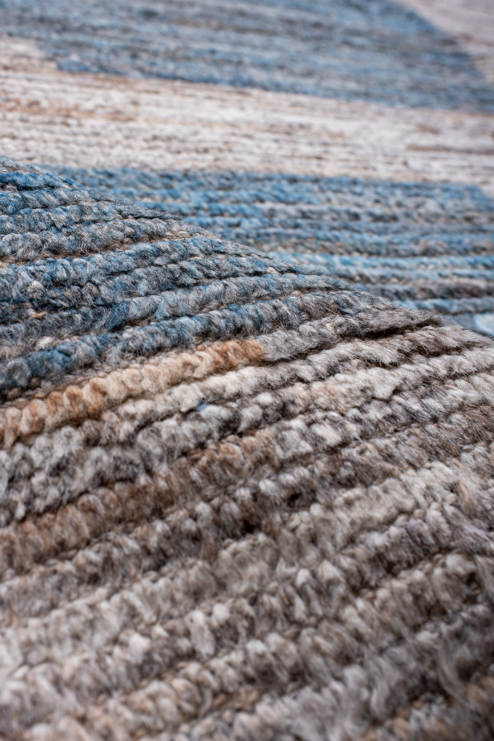12' x 15' one-of-a-kind handmade vintage Tulu oversize rug. Color palette: beige, sky blue, ivory, taupe, slate, light blue
