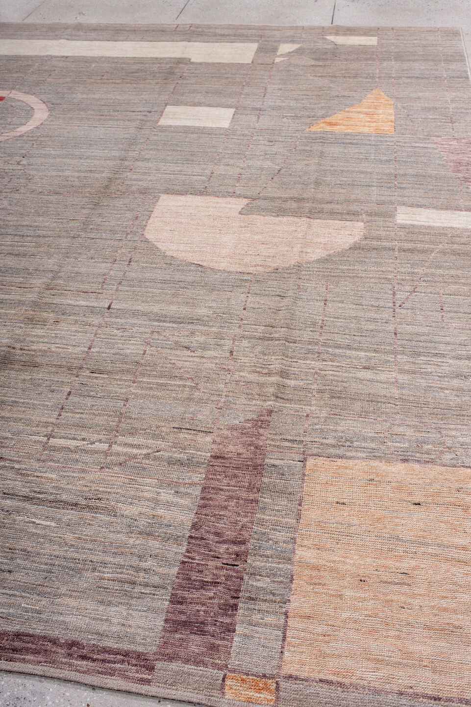 9' x 12' one-of-a-kind handmade vintage Tulu large size rug. Color palette: taupe, ivory, blush, mauve, apricot, gray