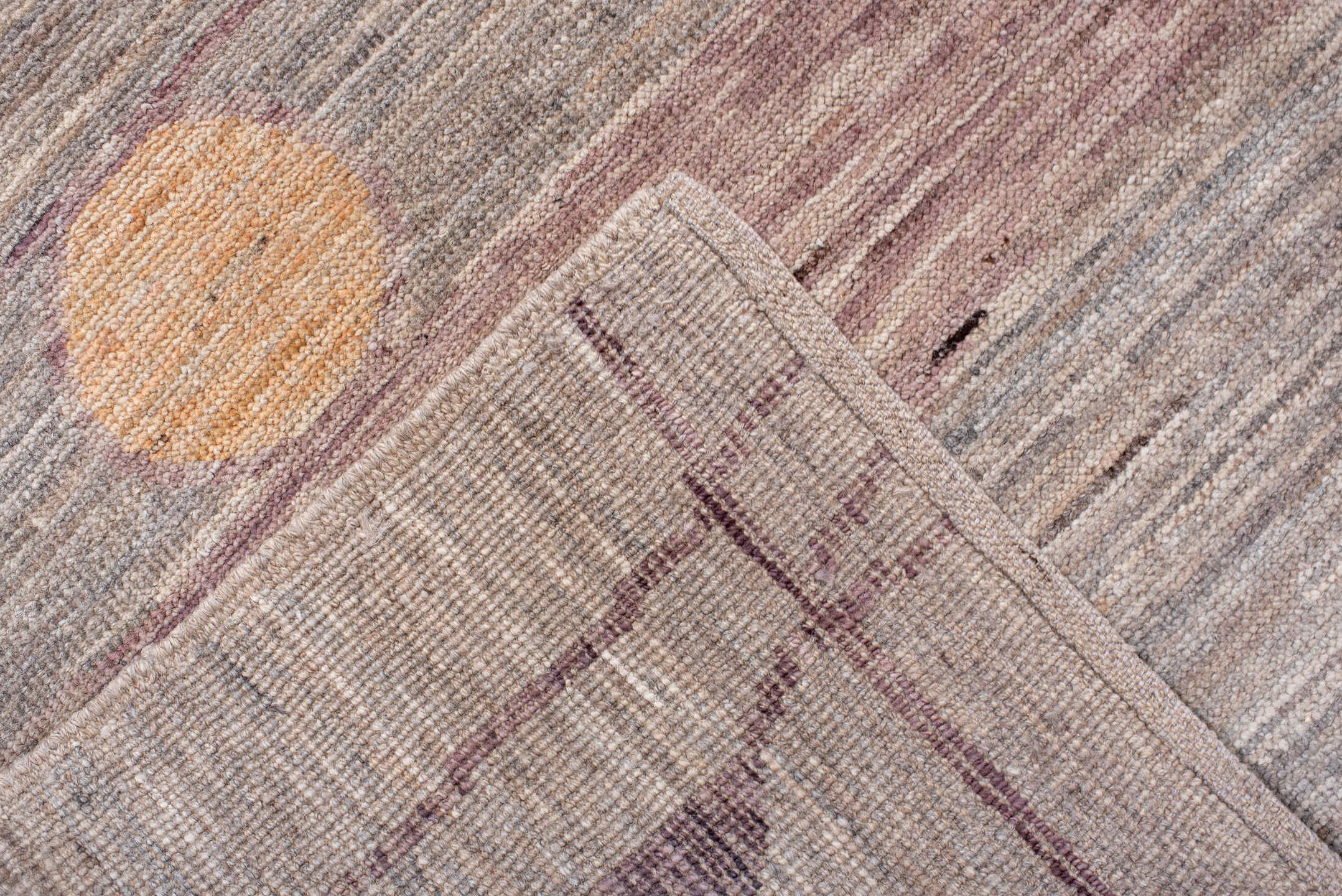 9' x 12' one-of-a-kind handmade vintage Tulu large size rug. Color palette: taupe, ivory, blush, mauve, apricot, gray