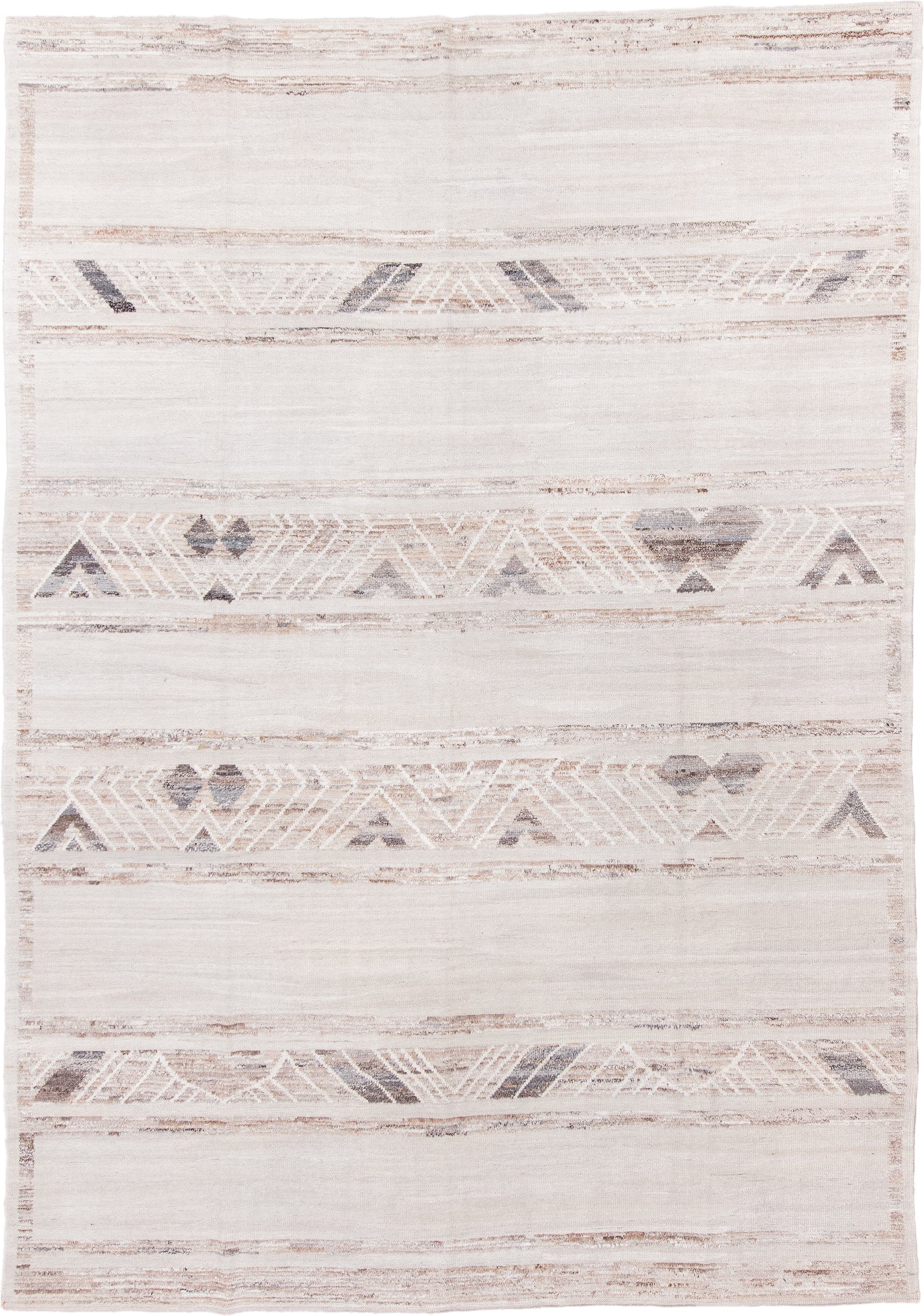 8' x 12' one-of-a-kind handmade vintage Tulu large size rug. Color palette: ivory, cream, taupe, light gray, beige, gray