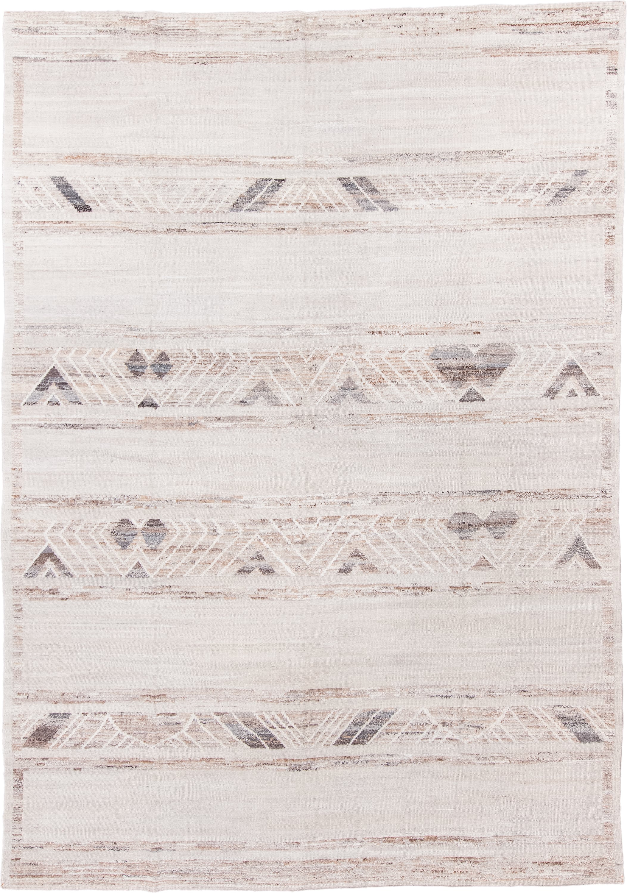 8' x 12' one-of-a-kind handmade vintage Tulu large size rug. Color palette: ivory, cream, taupe, light gray, beige, gray