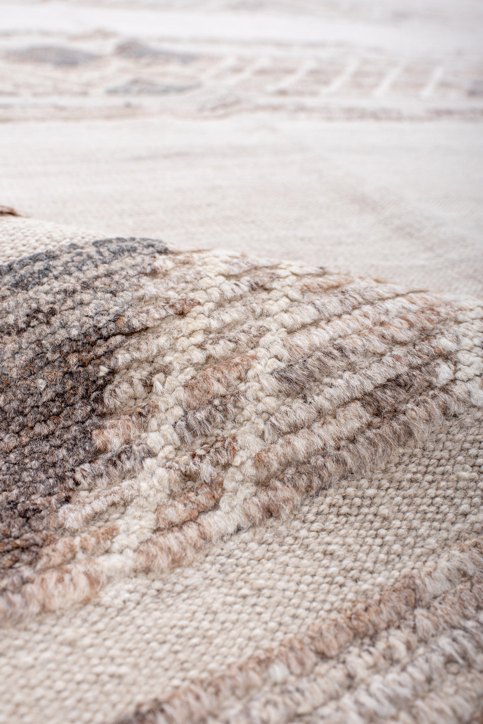 8' x 12' one-of-a-kind handmade vintage Tulu large size rug. Color palette: ivory, cream, taupe, light gray, beige, gray