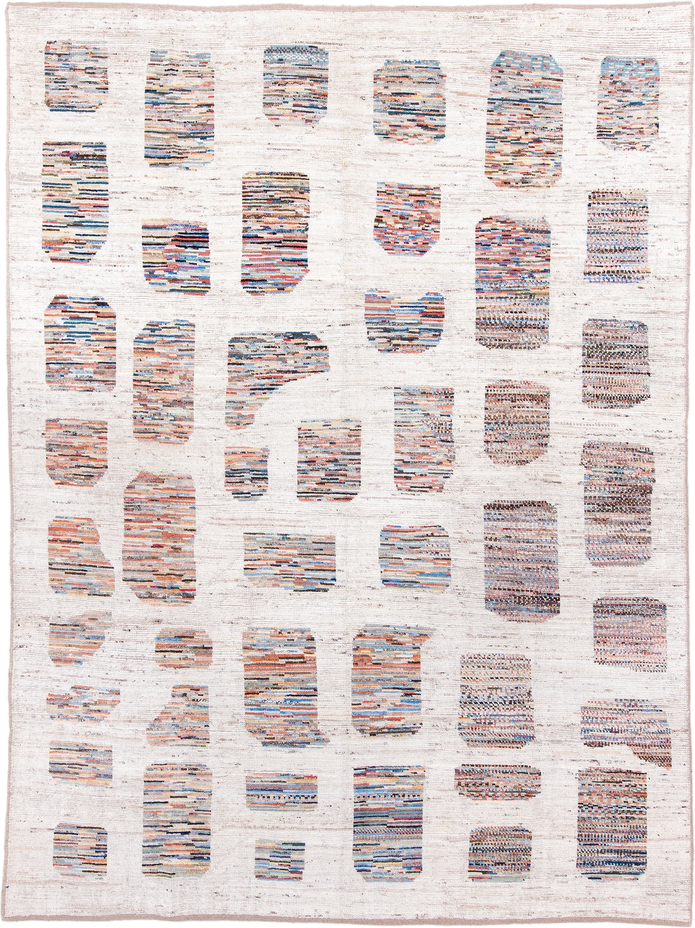 8' x 11' one-of-a-kind handmade vintage Tulu large size rug. Color palette: ivory, sky blue, coral, slate, charcoal, taupe