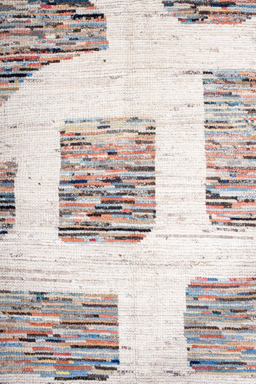 8' x 11' one-of-a-kind handmade vintage Tulu large size rug. Color palette: ivory, sky blue, coral, slate, charcoal, taupe