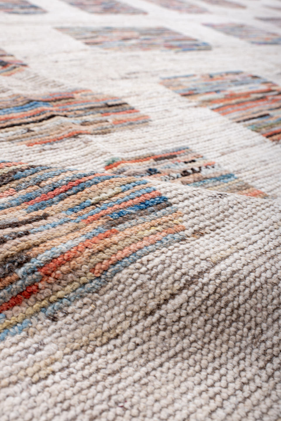 8' x 11' one-of-a-kind handmade vintage Tulu large size rug. Color palette: ivory, sky blue, coral, slate, charcoal, taupe