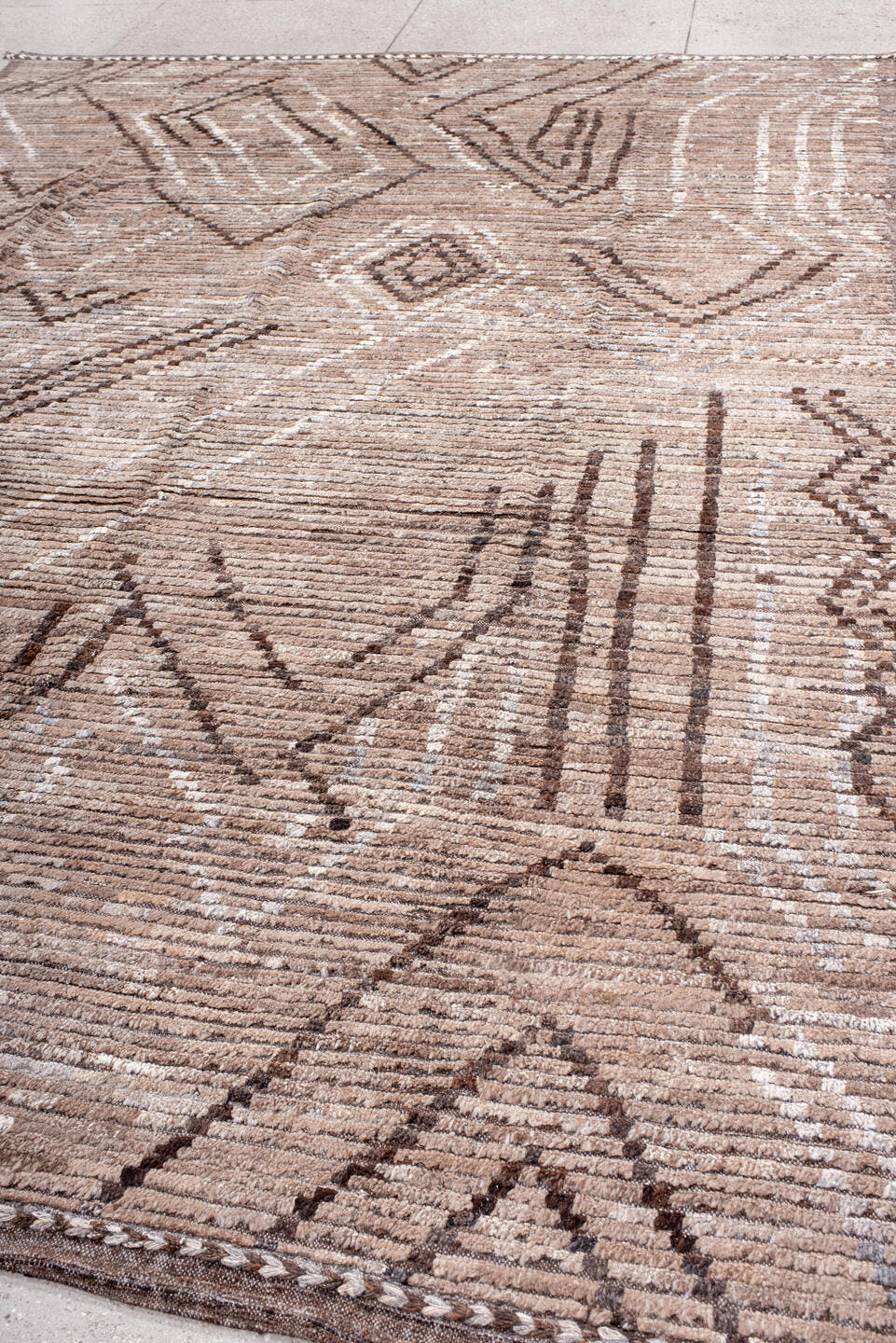 9' x 12' one-of-a-kind handmade vintage Tulu large size rug. Color palette: taupe, ivory, brown, camel, beige, gray