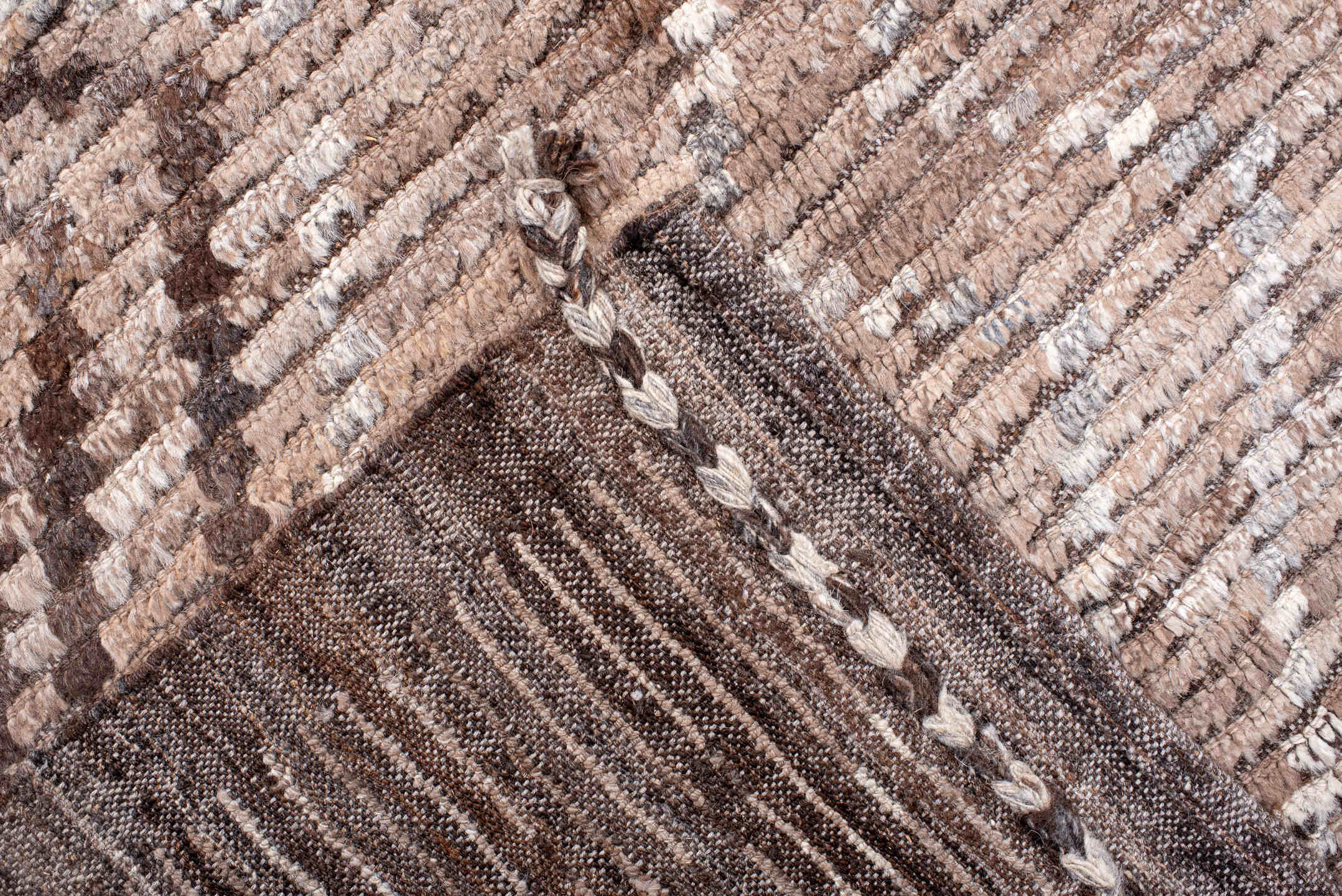 9' x 12' one-of-a-kind handmade vintage Tulu large size rug. Color palette: taupe, ivory, brown, camel, beige, gray