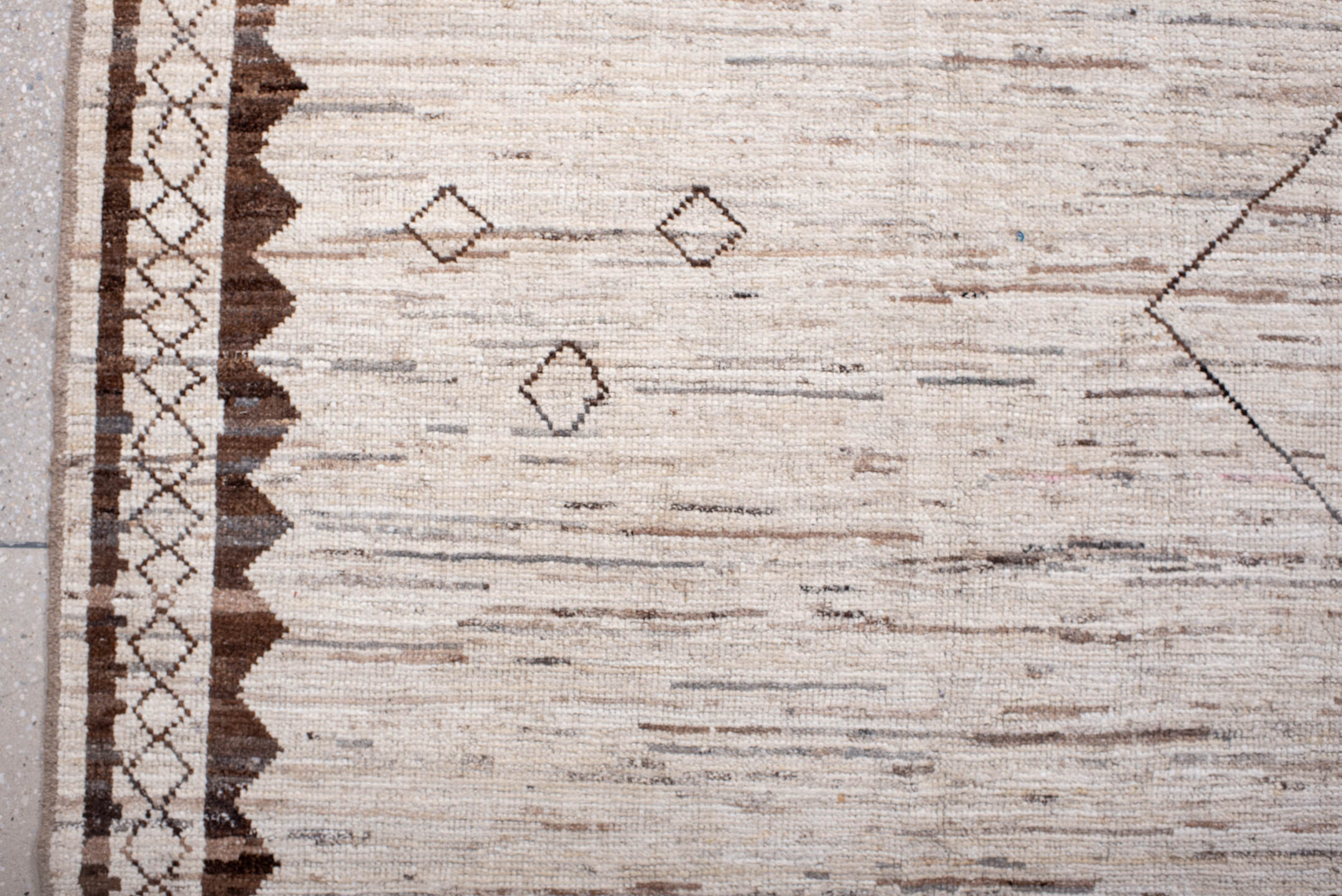 9' x 12' one-of-a-kind handmade vintage Tulu large size rug. Color palette: brown, gray, lavender blush, light gray, linen