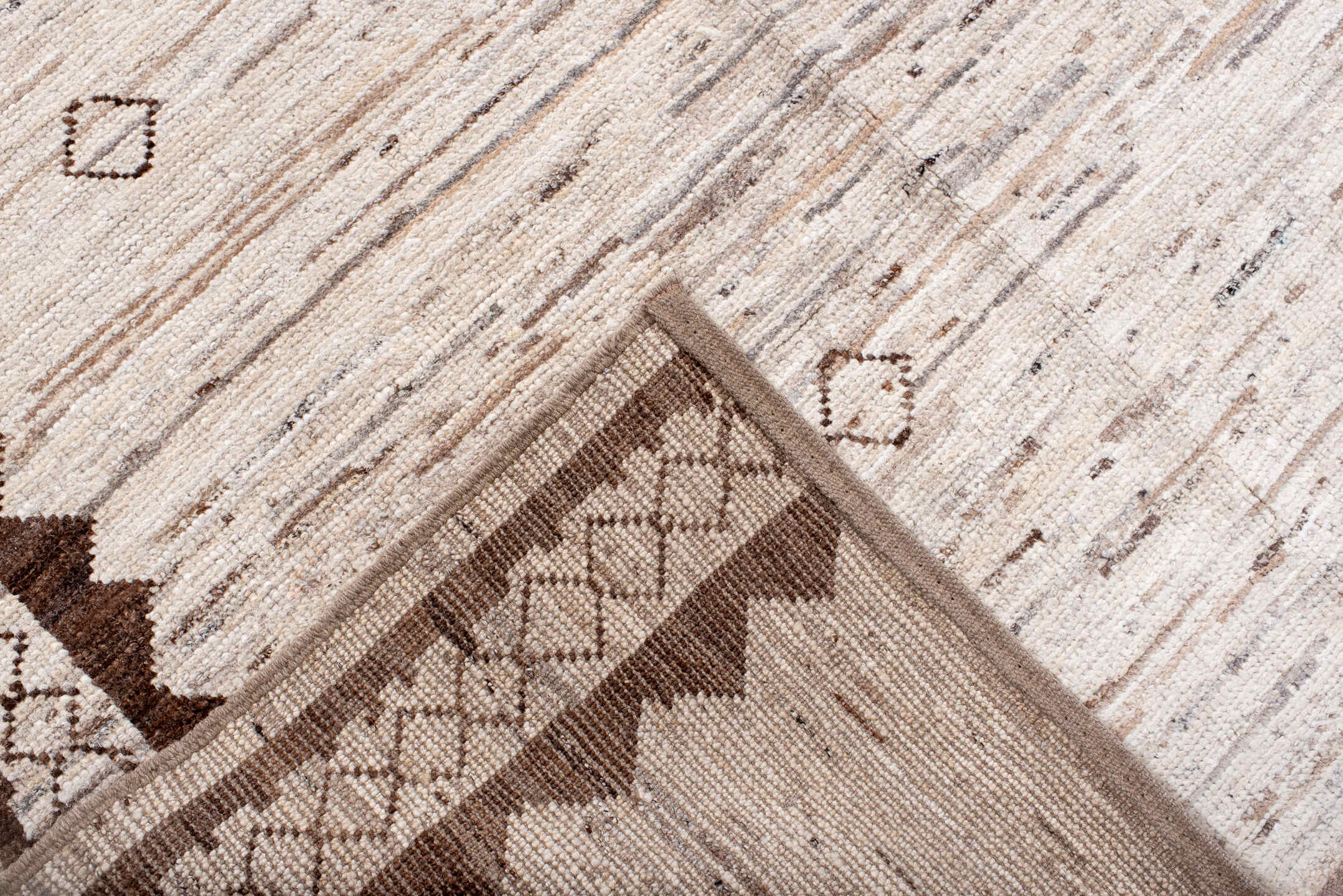 9' x 12' one-of-a-kind handmade vintage Tulu large size rug. Color palette: brown, gray, lavender blush, light gray, linen