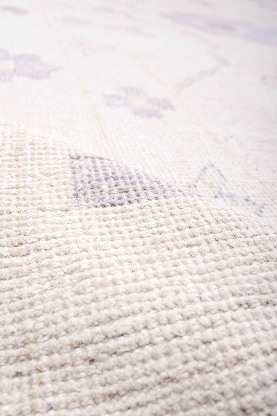 13' x 19' one-of-a-kind handmade vintage Oushak oversize rug. Color palette: ivory, lavender, cream, pale gold, beige, taupe