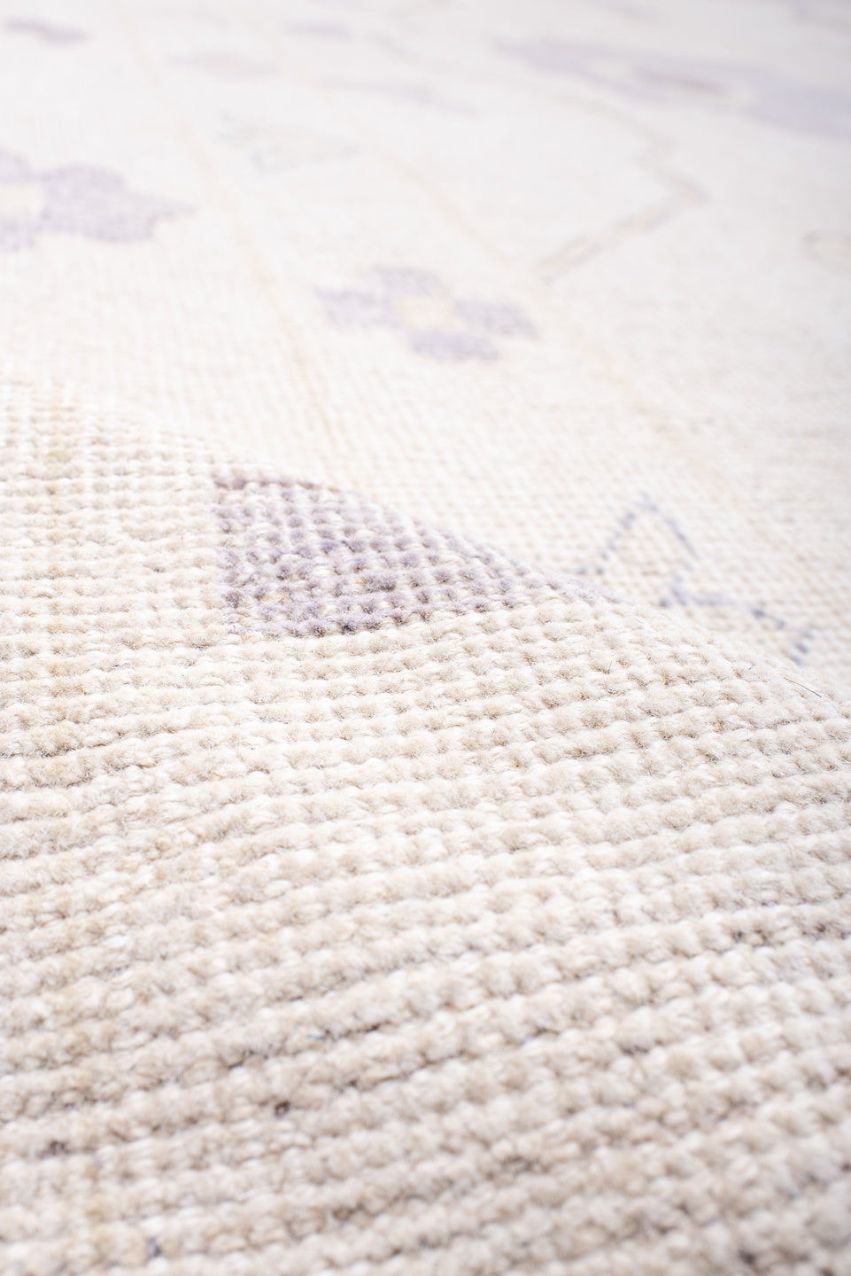 13' x 19' one-of-a-kind handmade vintage Oushak oversize rug. Color palette: ivory, lavender, cream, pale gold, beige, taupe