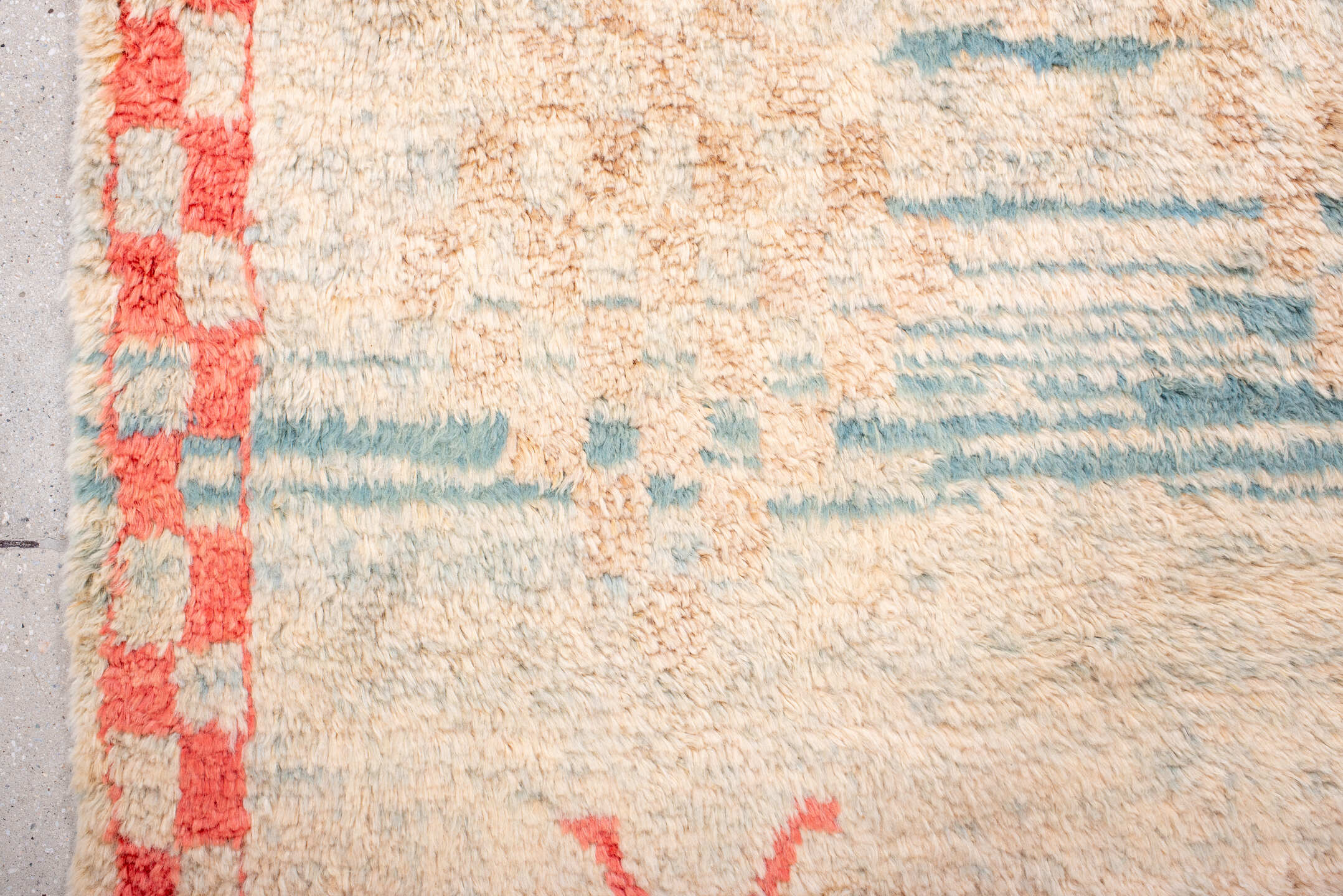 6' x 10' one-of-a-kind handmade vintage Moroccan large size rug. Color palette: ivory, coral, sky_blue, camel, taupe