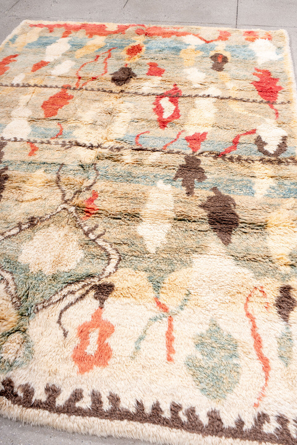 6' x 10' one-of-a-kind handmade vintage Moroccan large size rug. Color palette: ivory, aqua, coral, brown, rust, cream, sage
