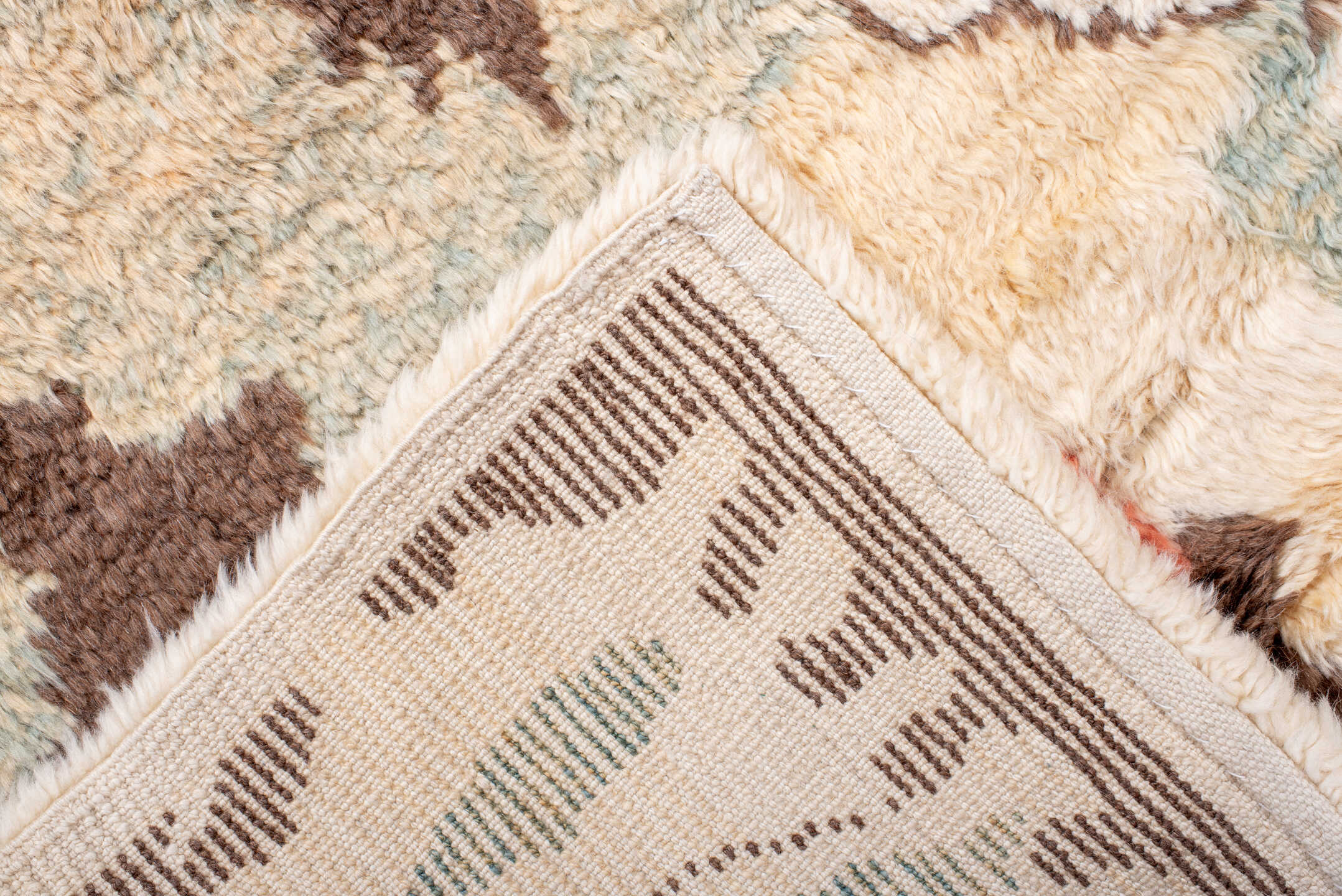 6' x 10' one-of-a-kind handmade vintage Moroccan large size rug. Color palette: ivory, aqua, coral, brown, rust, cream, sage