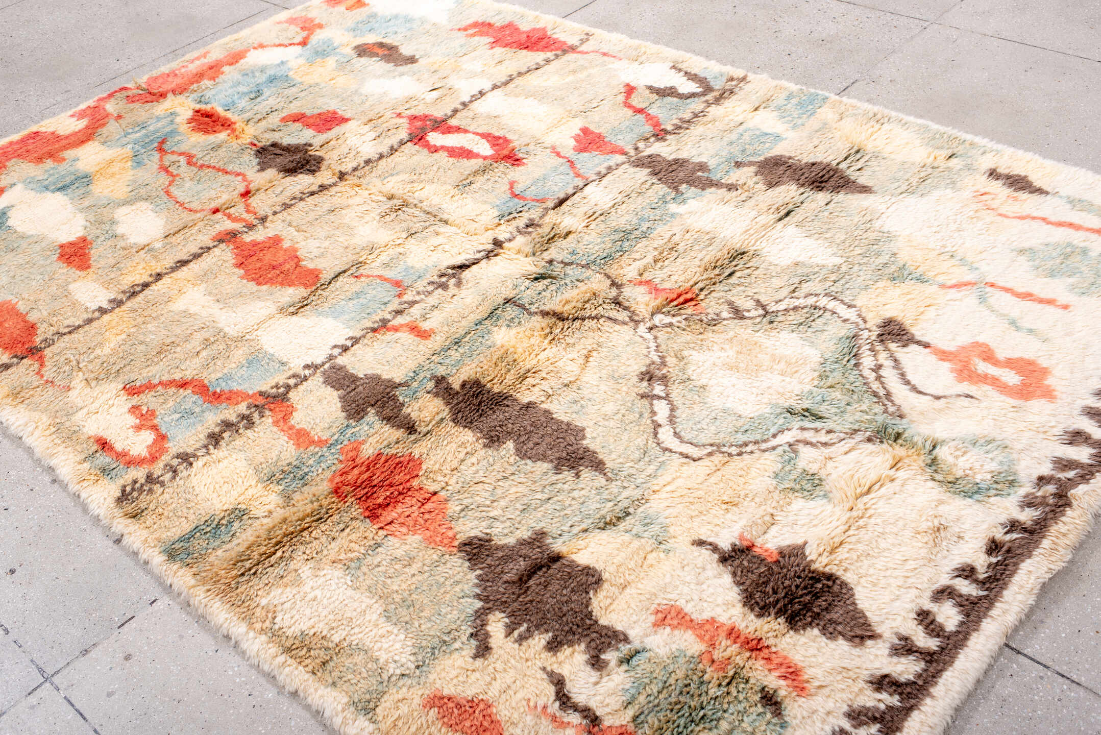 6' x 10' one-of-a-kind handmade vintage Moroccan large size rug. Color palette: ivory, aqua, coral, brown, rust, cream, sage